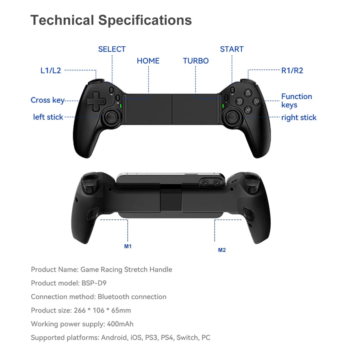 Megadream Handy Controller für iPad/Tablet (5-11in kompatibel), Handheld Gamepad für PS3/PS4/Xbox/PC, Cloud Gaming mit Hall-Effekt-Joysticks&Trigger,2 Programmierbare Rücktasten (Schwarz)