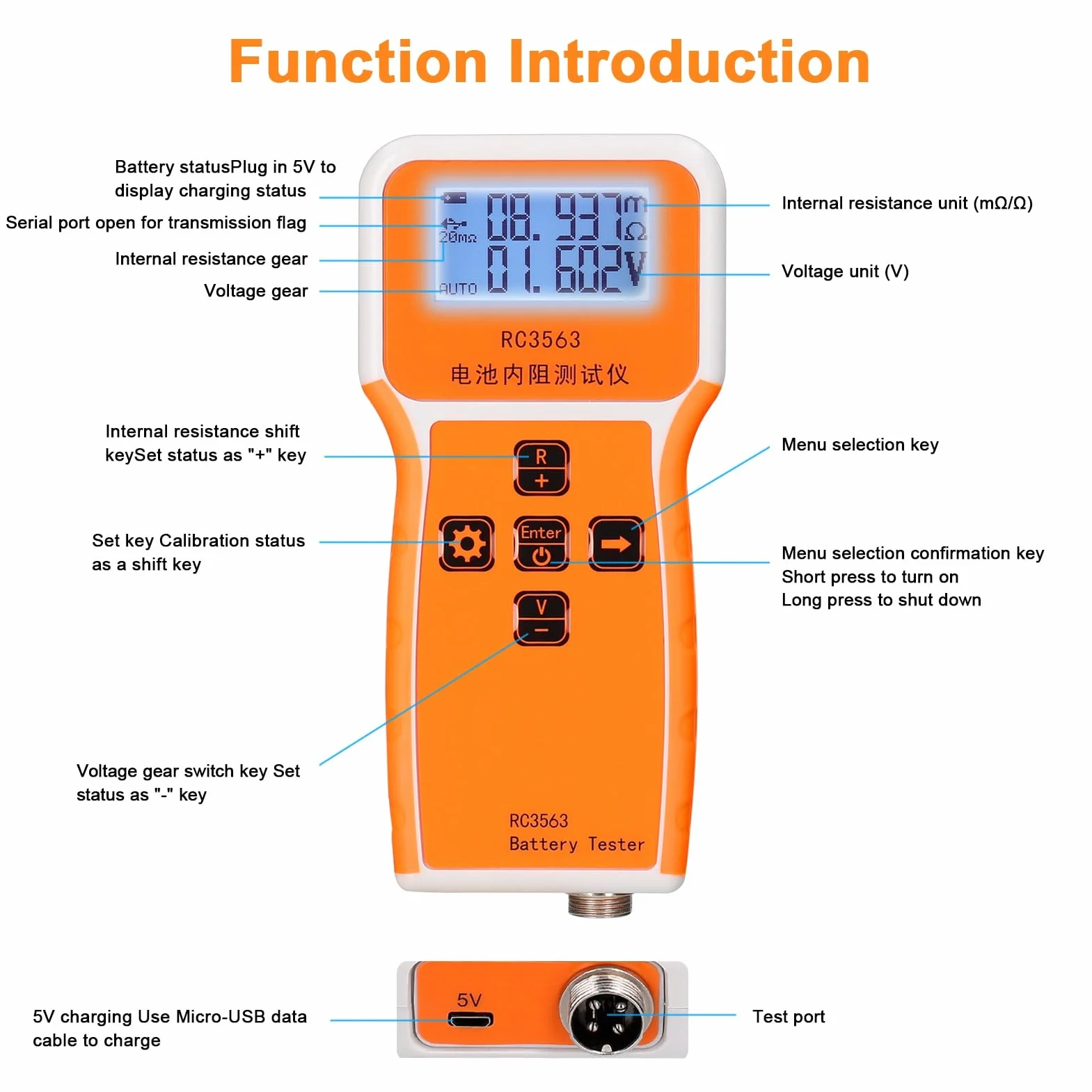 Handgehaltener Batterie-Innenwiderstandsspannungstester, RC3563 200Ω 100V, Batterietester mit 3-stelliger Anzeige, hochpräziser echter Vierleiter-AC-Lithium-Blei-Säure-Lithium-Batterietester
