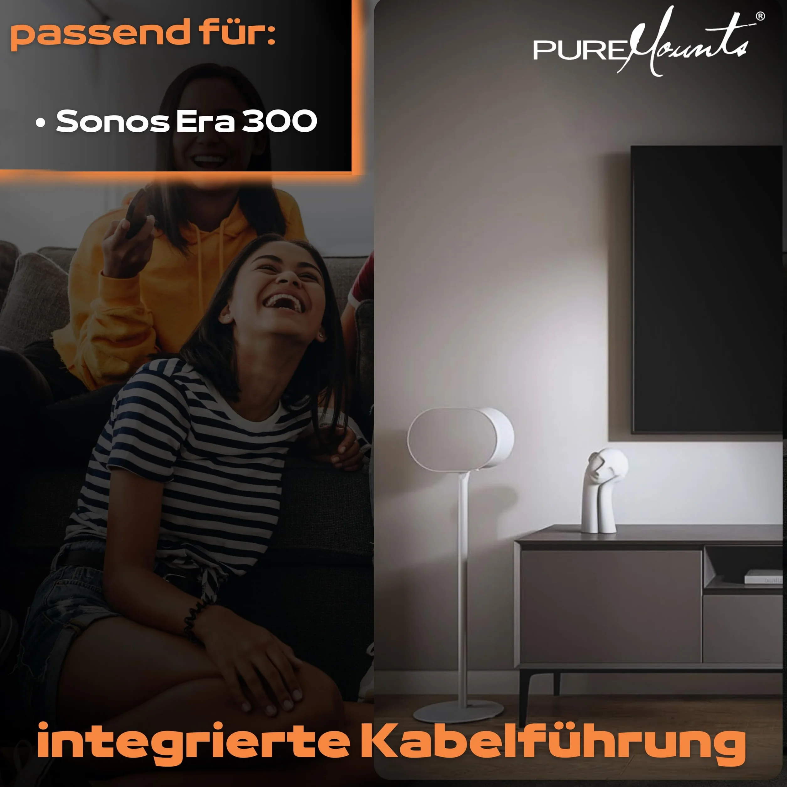 PureMounts Lautsprecherständer für Sonos Era 300, Lautsprecher Ständer, Boxenständer mit Kabelmanagement, 5Kg Tragkraft, weiß