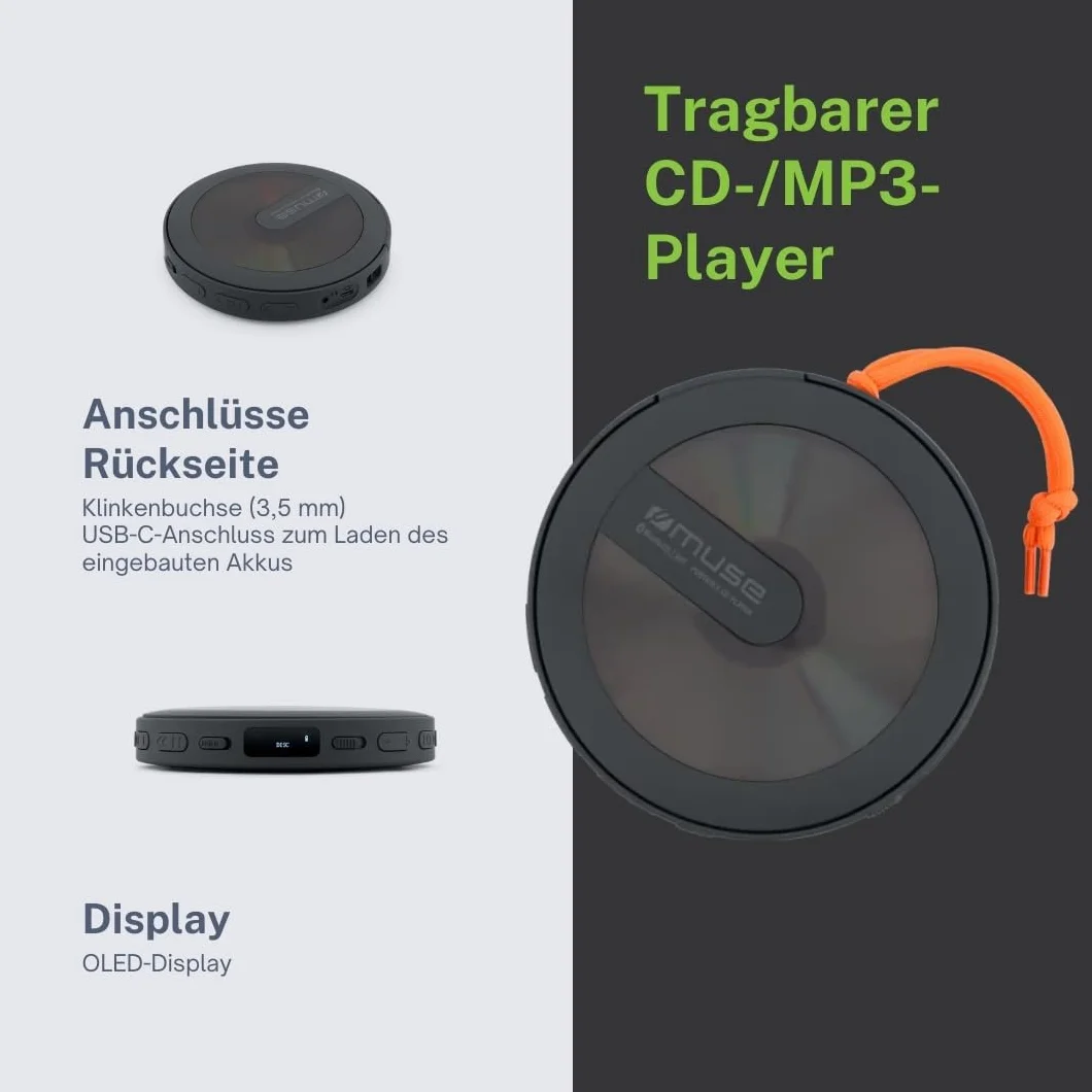 Muse M-920 DMO Tragbarer CD-/MP3-Player mit Bluetooth-Transmitter & Erschütterungsschutz – OLED-Display, USB-C & 2000 mAh Akku
