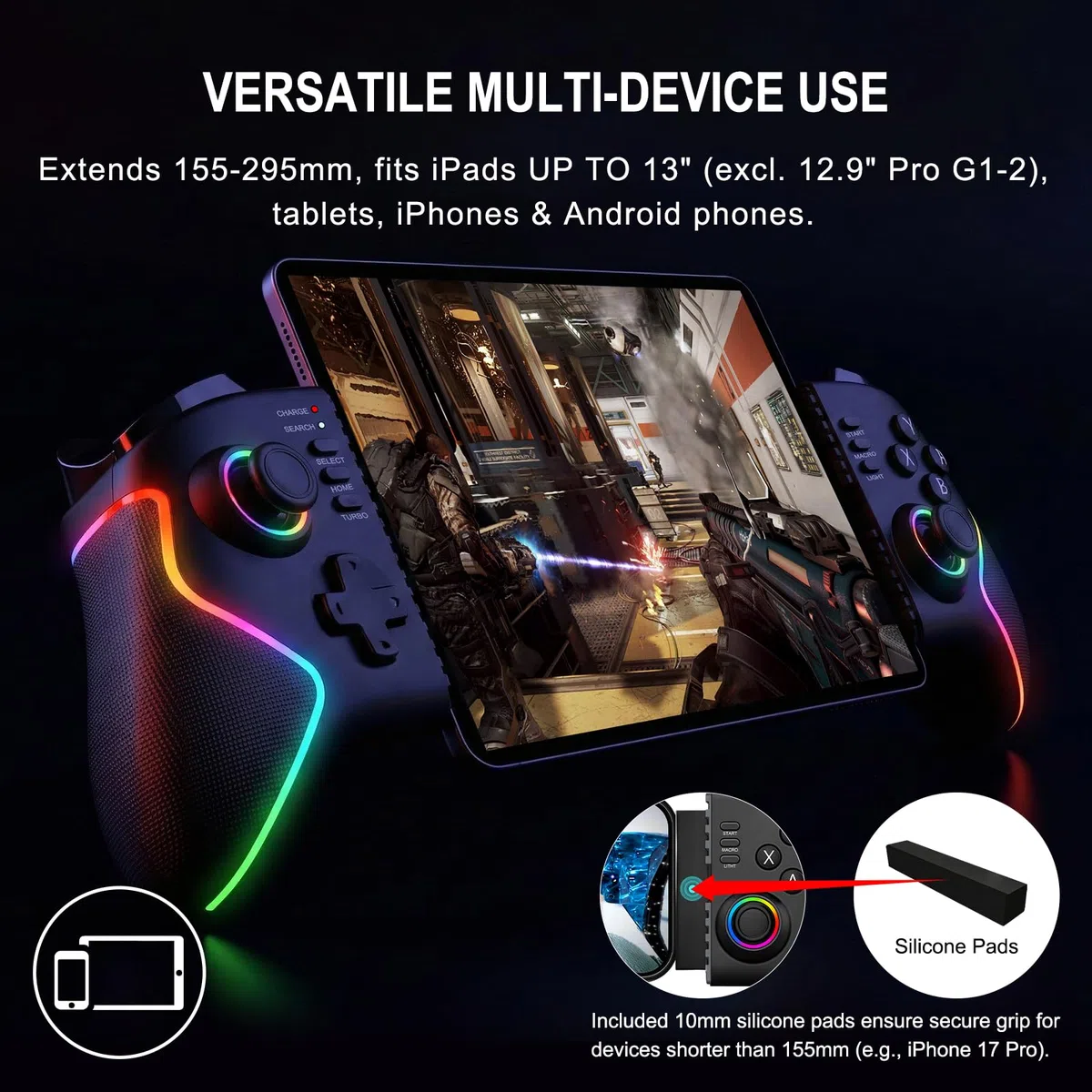 Joso Mobile Game Controller für iPad 13" & Tablet, iPhone, Android Control mit Hall-Joysticks/Triggern/Makro/Turbo/RGB-Beleuchtung und klemmbarem iPad, Play Ps4/Xbox/PC-Streaming & Cloud-Gaming