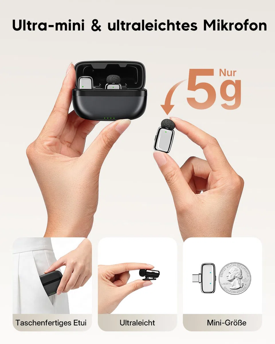 Haomuren Mini Lavalier Mikrofon kabellos für Handy, iPhone, iPad & Android, 2-Kanal Ansteckmikrofone mit USB-C & Lightning, Geräuschreduzierung, Mute, 33h Ladecase, Plug & Play für Vlog & Podcast