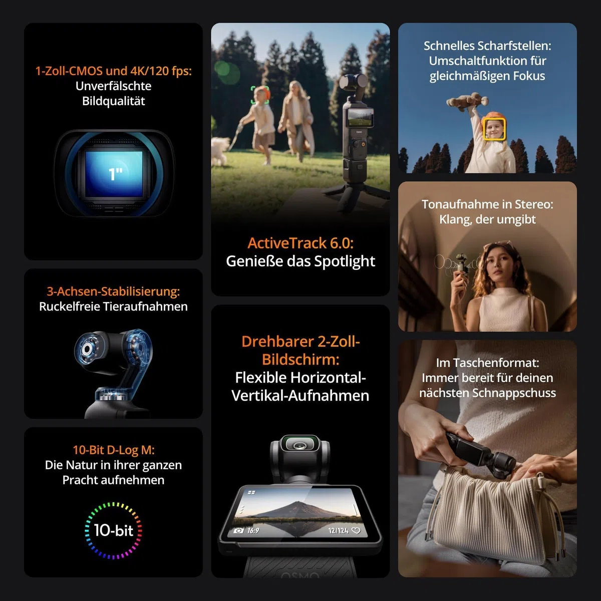 DJI Osmo Pocket 3, Vlogging-Kamera mit 1-Zoll-CMOS und 120 fps Video, 3-Achsen-Stabilisierung, schnelles Scharfstellen, Gesichts/Objektverfolgung, kleine Videokamera für Vlogging, Selfies und Reise