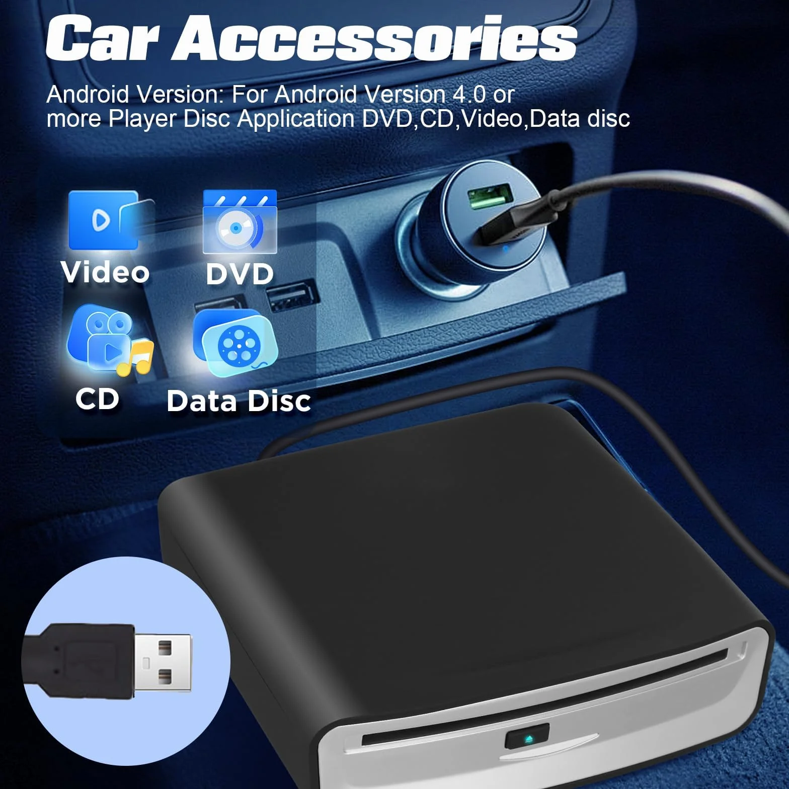 USB Externer DVD CD Player für Auto - Plug & Play CD-Laufwerk mit USB Anschluss, Tragbares Optisches Laufwerk für Auto Radio, Multimedia-Player