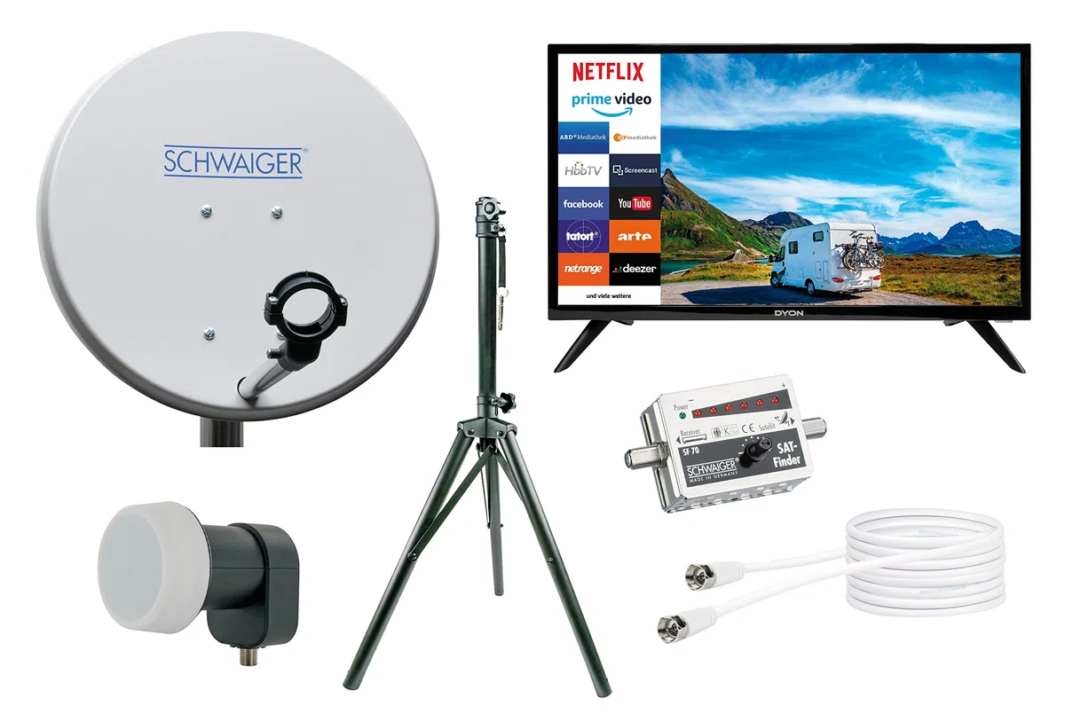 SCHWAIGER TVSET3 SAT Camping Set inkl. TV 24 Zoll HD+ Satellitenschüssel Single LNB Koaxialkabel 10m Dreibeinstativ SAT-Finder Stahl-Antenne 42x42cm