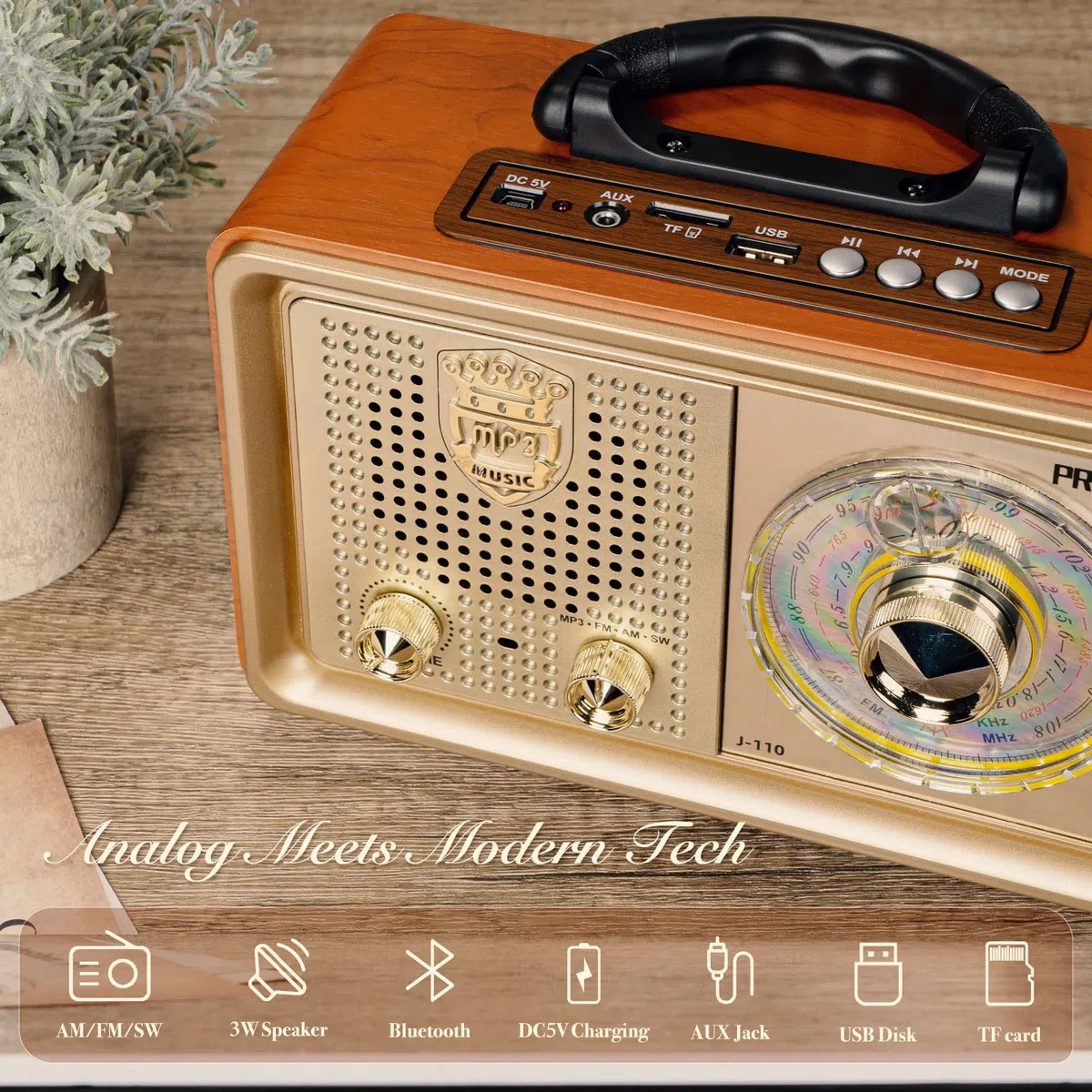 PRUNUS J-110 AM/FM/SW Retro Radio mit Bluetooth, Nostalgie Radio mit 3 Stromversorgungsoptionen, Gehäuse in Holzoptik, 5W-Lautsprecher mit Verbesserter Bass, Unterstützt USB/TF/AUX. Gold