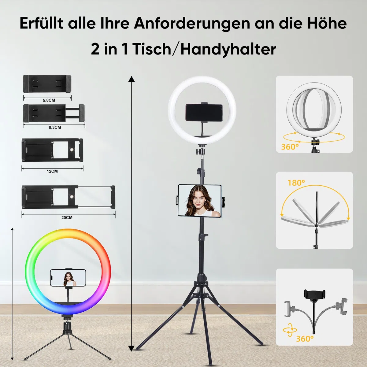 KOSCHEAL 12 Zoll Ringlicht mit Stativ,Tisch LED Ring Light Kamera Handystativhalter mit ringlicht, 2800-6500K,40 RGB-Modi für Selfie,Tik Tok Vlog,YouTube, Makeup, Facebook Video