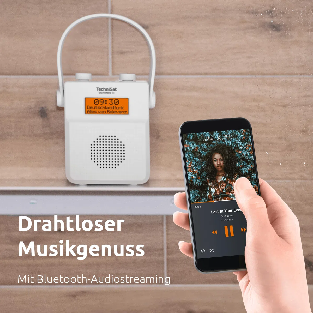 TechniSat DIGITRADIO 30 - wasserdichtes DAB+ Duschradio (UKW, DAB Digitalradio, integrierter Akku, Bluetooth, wasserdicht nach IPX5, Wecker, Favoritenspeicher, Kopfhörer-Anschluss) weiß