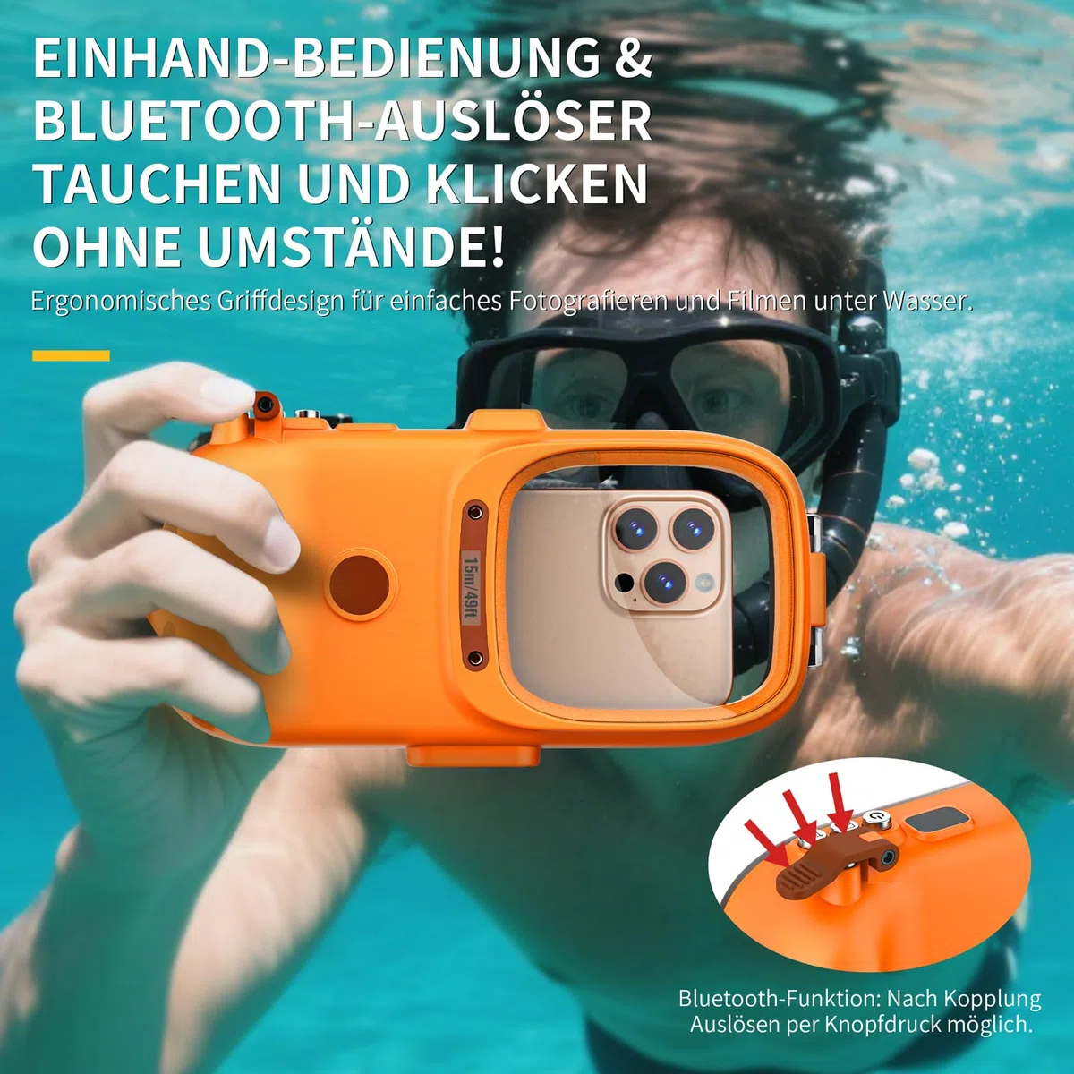 wasserdichte Handyhülle IPX8 Universelle Tauchen,Professionelle Unterwasser Hülle 15M Wasserfeste [Bluetooth Funktion][Einstellbarer Fokus] Case für iPhone Samsung Xiaomi 4.7-6.9",Orange