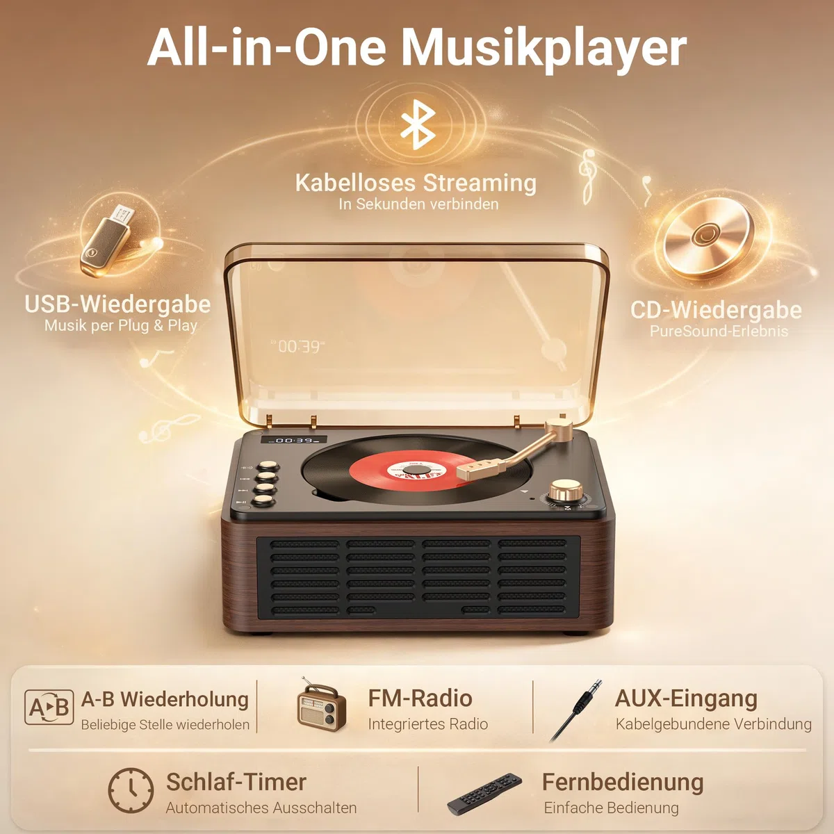 POFOTO Tragbarer CD-Player mit Bluetooth 5.3, Langer Akku, Bluetooth-Lautsprecher, LCD-Display, unterstützt Radio/USB/AUX, Vintage Desktop CD Spieler mit Lautsprecher – für Zuhause/Geschenk