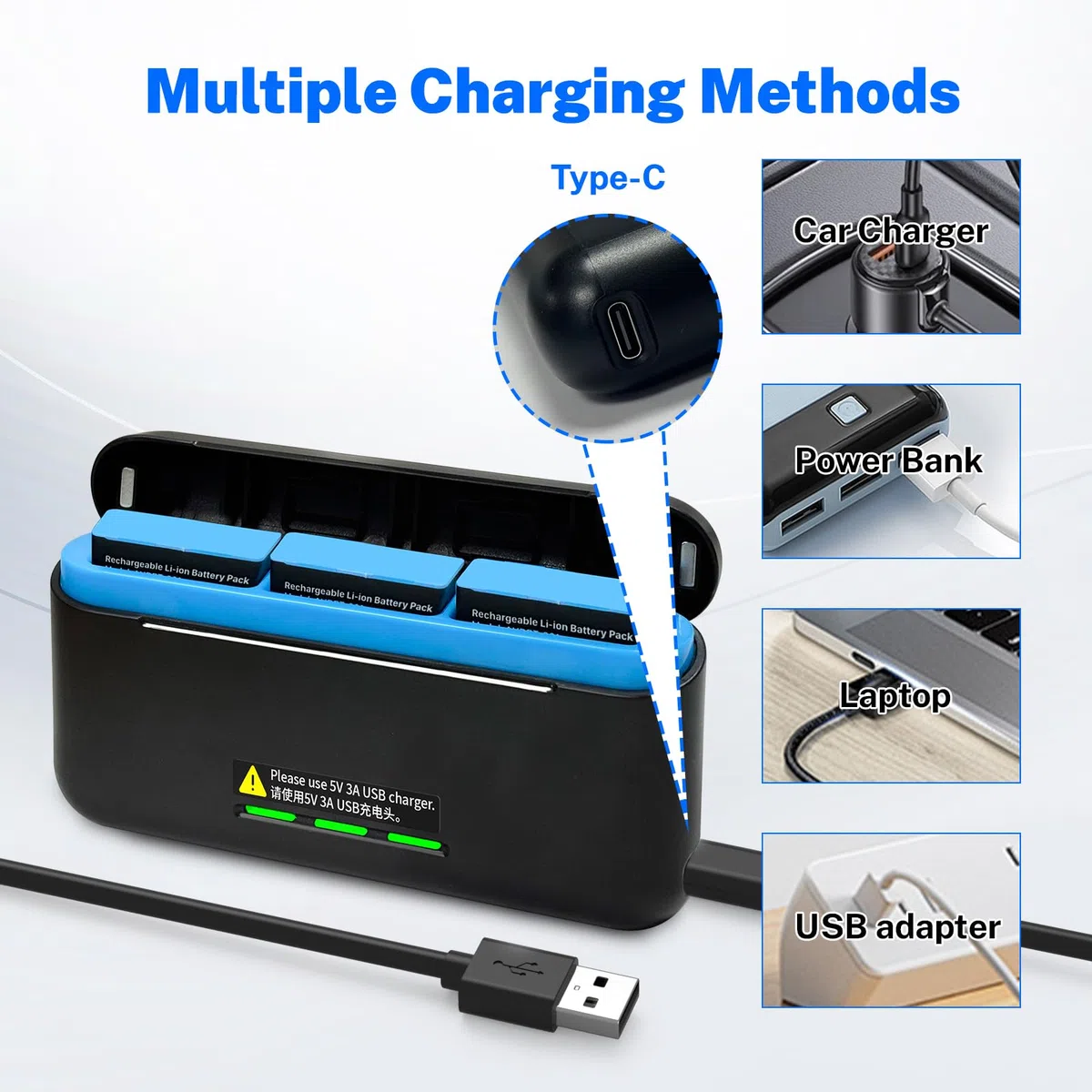 3 Stück 2580mAh Akku für Gopro Hero 12/Hero 11/Hero 10/Hero 9 mit 3-Kanal Typ-C Akku-Ladestation USB-C-Aufladen