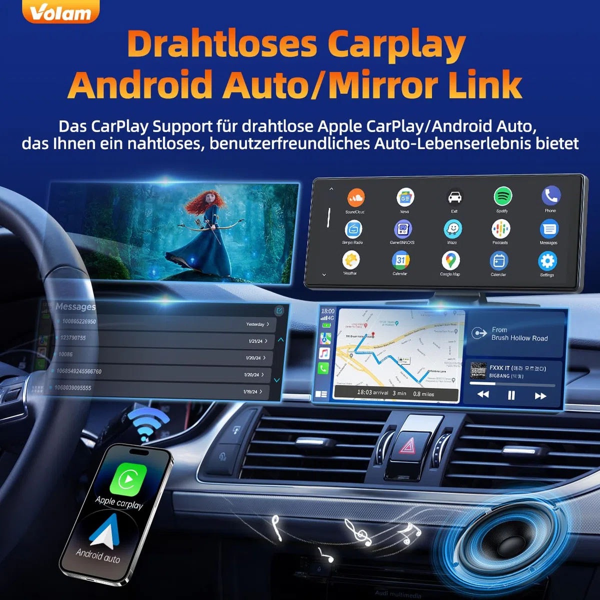 Volam 9.26 Zoll CarPlay Display,Tragbares Autoradios kompatibel mit Apple CarPlay&Android Auto,Car play IPS Touch Screen,Carplay Bildschirm mit siri/GOO-gle,GPS Navigation,Blue-tooth,Mirror Link