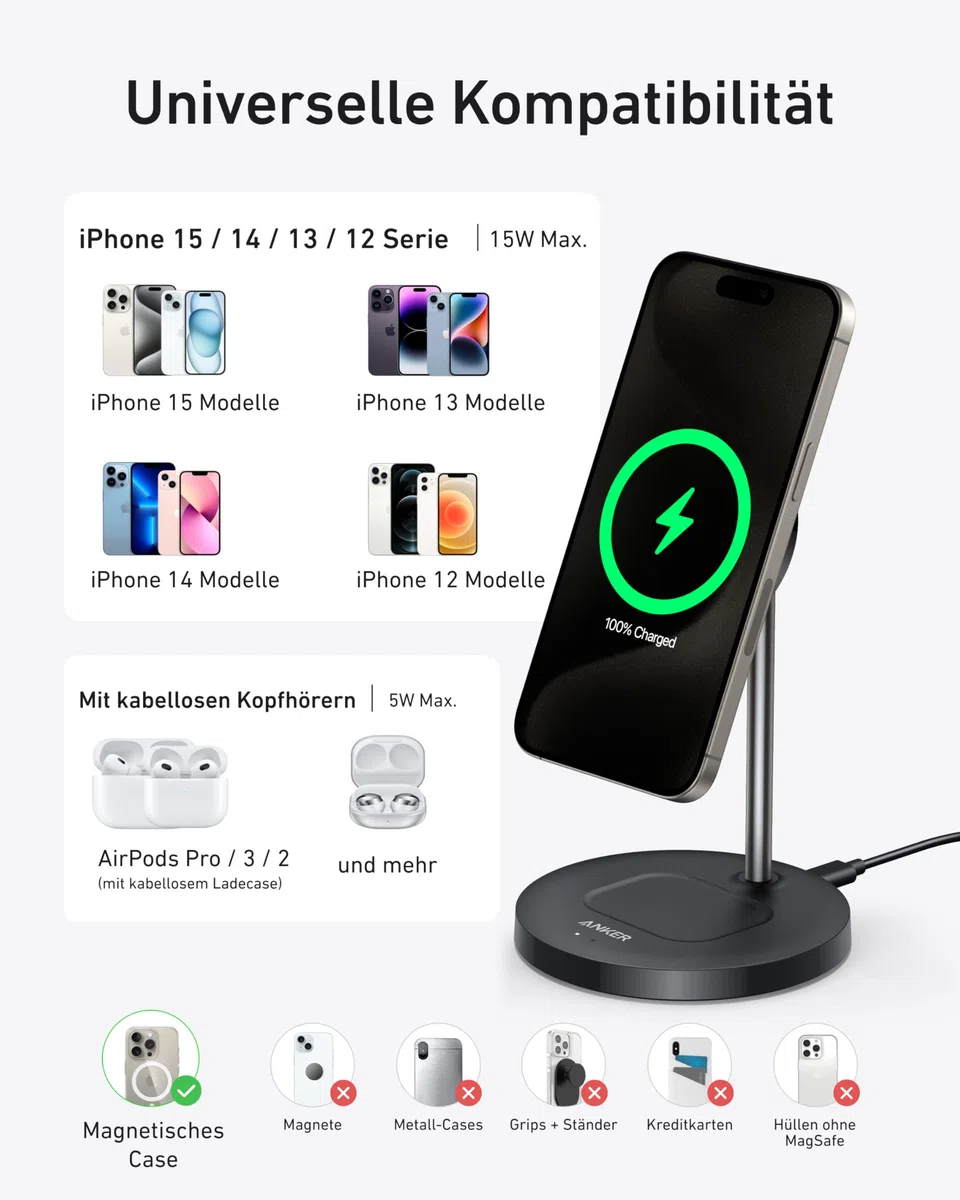 Anker MagGo 15W Magsafe Ladegerät kompatibel, 2-in-1 Induktive Ladestation, Qi2 Wireless Charger für iPhone 17/16/15/14/13/12, AirPods Pro, Mit 1,5m USB C Kabel, ohne Netzteil