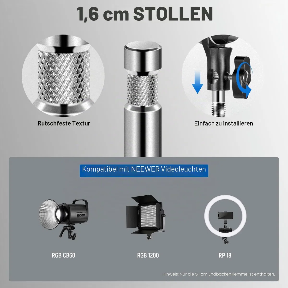 NEEWER 2" Endbacken Schraubstockgriff mit 5/8" Bolzen, Stahlschaft Endschraubstockklemme mit verstellbaren Aluminiumbacken, Gummipolster für C Ständer, Drehgriff, für LED Videolicht Softbox, UA015