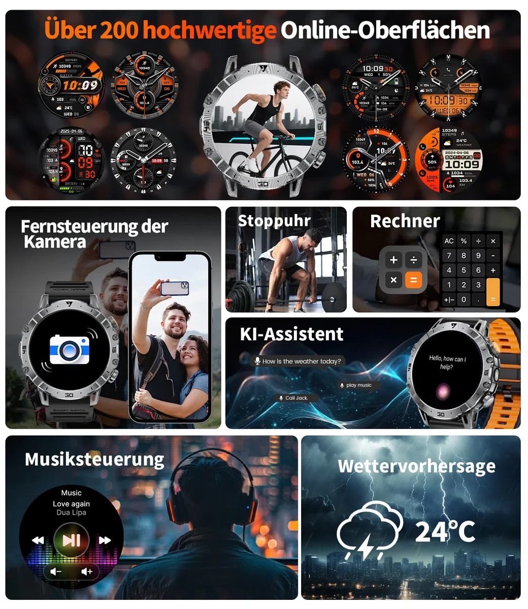 LIGE Smartwatch Herren Militär, 1000mAH Großer Akku, 1,7”HD Großes Display mit Telefonfunktion, LED Taschenlampe Fitnessuhr mit 110+ Sportmodi, Herz-/Schlaftracking,IP68 Sportuhr iOS/Android,Schwarz
