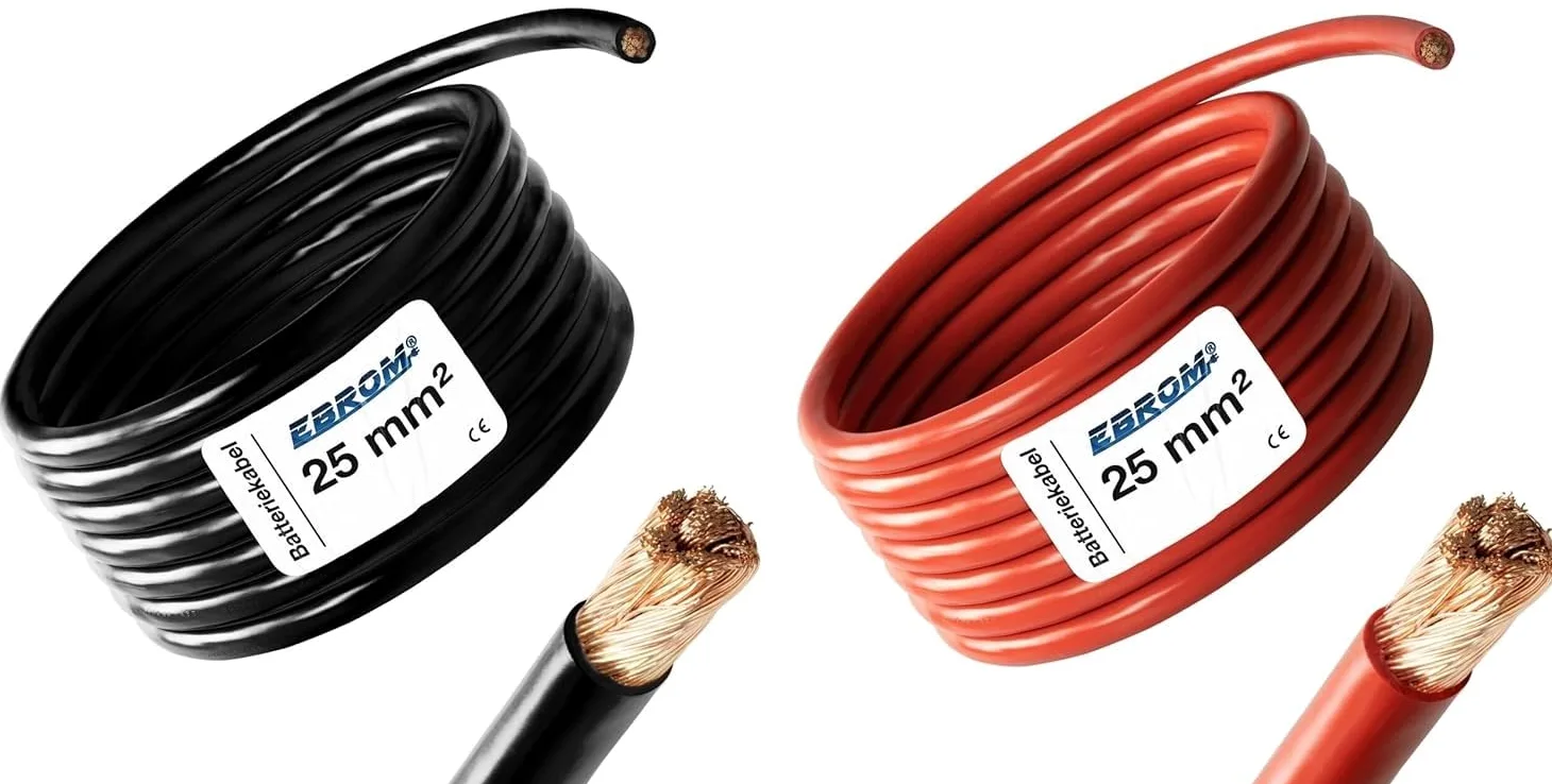 EBROM - 2 Meter Batteriekabel - rot und schwarz - Pluskabel und Massekabel - 25mm2 | 25 mm² | 25 mm2 - Vollkupfer 99,9% OFC Kupfer Stromkabel - Ihre Länge: je 2 Meter