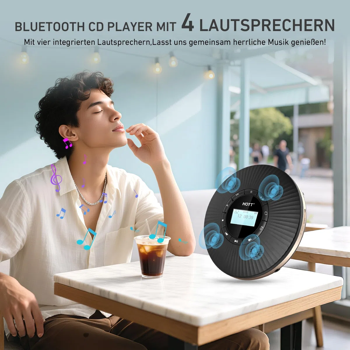 HOTT Tragbarer Bluetooth CD Player mit 4 Lautsprechern, FM-Transmitter & Anti-Skip, 1800mAh Akku mit Kopfhörern für Auto & Zuhause，Schwarz