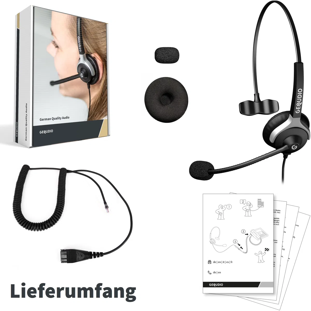 GEQUDIO Headset kompatibel mit Unify OpenStage 30 40 60 80 und OpenScape Serie Telefon - inklusive RJ Kabel - Kopfhörer & Mikrofon mit Ersatz Polster - besonders leicht 60g (1-Ohr)