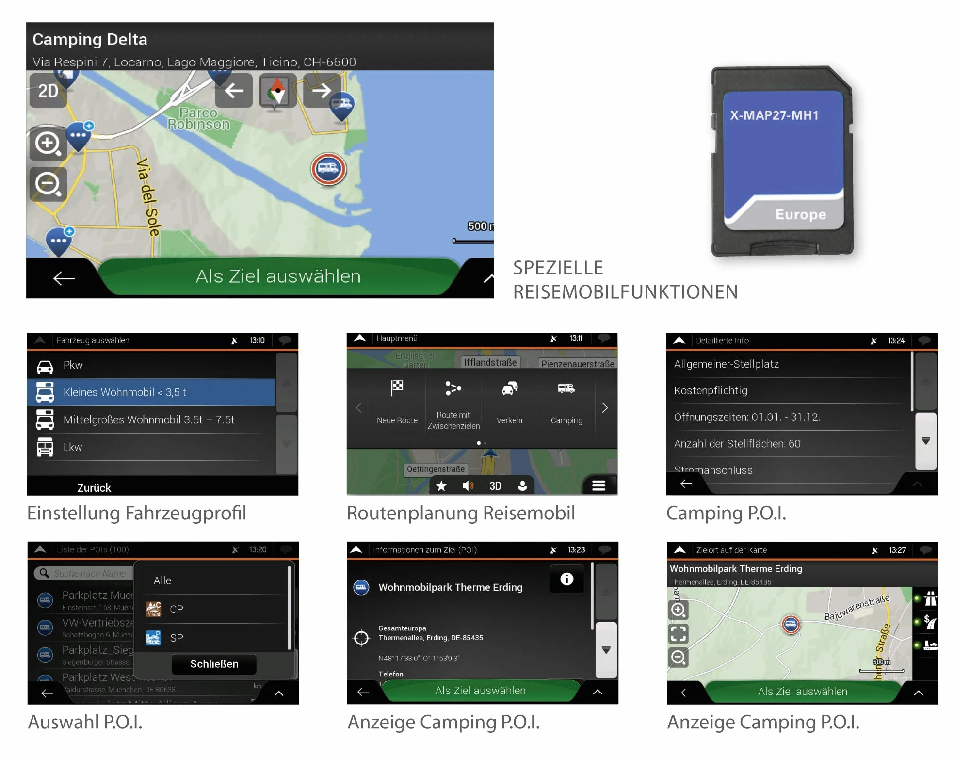 X-MAP27-MH1: Micro SD-Karte mit Reisemobil Navigation für XZENT X-427, X-F270 und X-F285, Karten für Europa, Camping P.O.I. Paket, 1 Jahr kostenfreie Kartenupdates