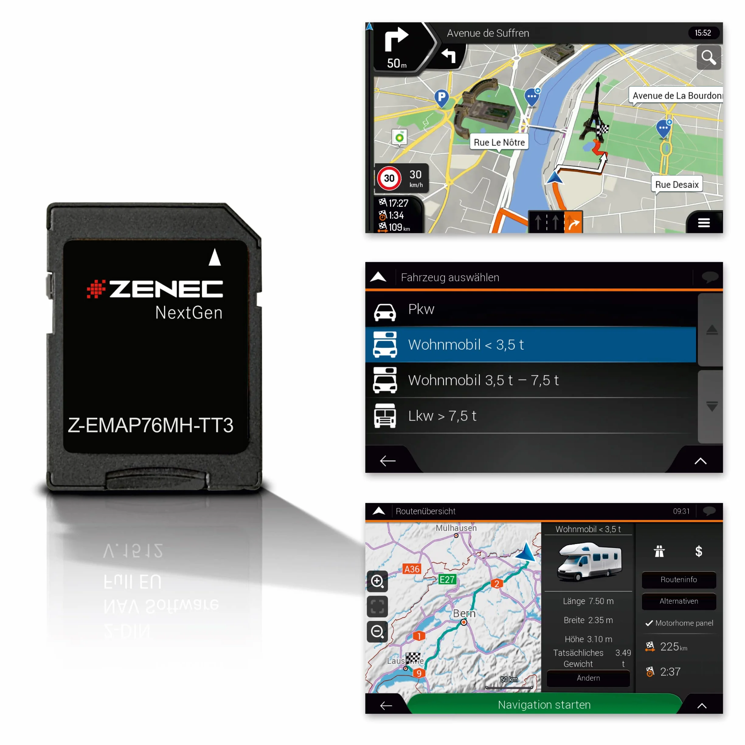 ZENEC Z-EMAP76MH-TT3 – Micro SDHC-Karte mit Reisemobil Navigation für ZENEC Infotainer Z-E3776, Z-N1000, Z-N975 und Z-N976, 3-D Karten für Europa, Camping P.O.I. für Wohnmobile, TMC