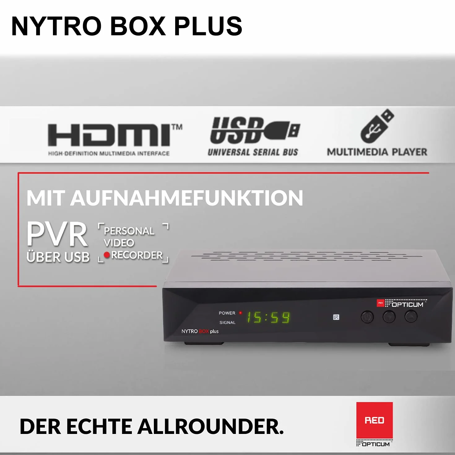 RED OPTICUM 23025 Nytro Box Plus Hybrid-Receiver HD-TV I DVB-C & DVB-T2 Receiver mit Aufnahmefunktion PVR - HDMI - USB - SCART - Coaxial Audio - Ethernet - LED Display I Digitaler Kabelreceiver