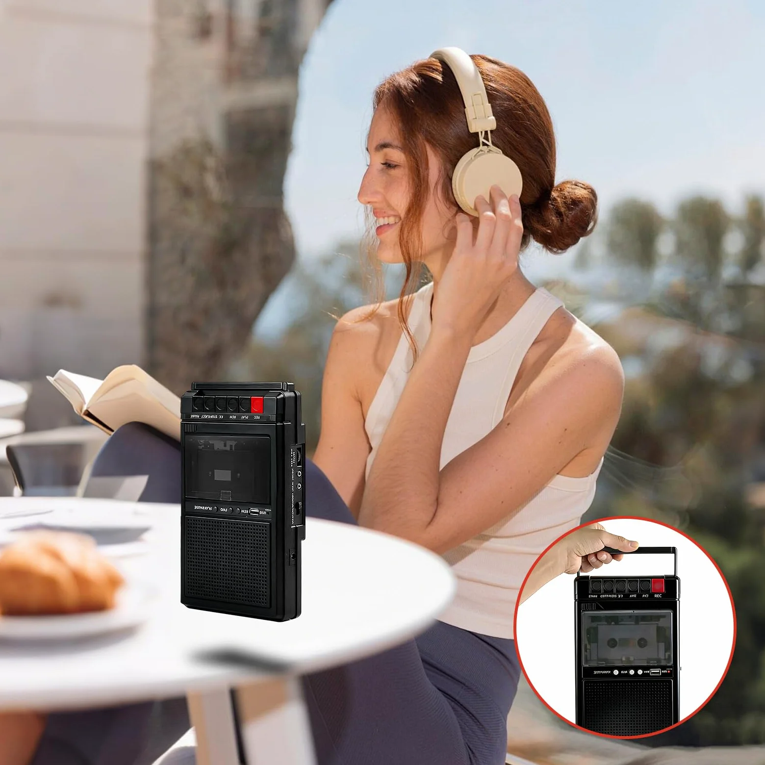 Tragbarer Kassettenrekorder Retro, Kassettenspieler Bluetooth mit Aufnahmefunktion, Kassetten Digitalisieren über USB & Audio, Mobiler Kassettenspieler mit Dual-Stromversorgung