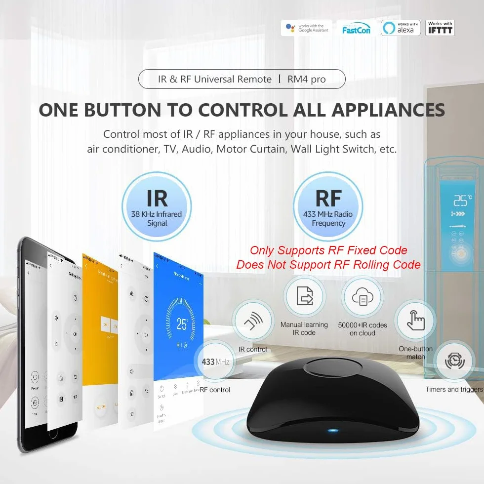 BroadLink RM4 Pro (nur 2,4GHz Wi-Fi), IR und HF Universal-Fernbedienung, All-in-One Hub, Code-Lernfunktion, für Smart Home (TV, STB, Klimaanlage, Vorhangmotor) kompatibel mit Alexa