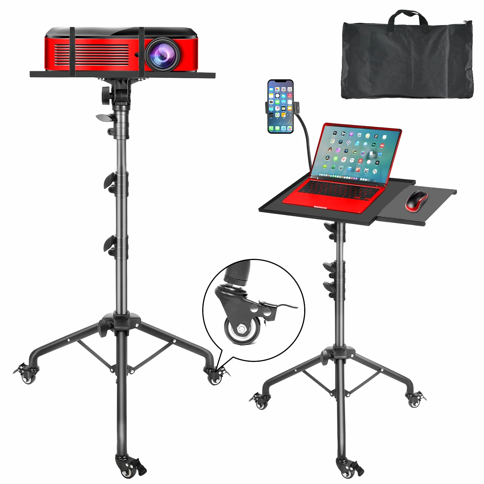 GlobalCrown Beamer Ständer Dreibein höhenverstellbar (66-160cm),Beamer stativ tragbarer Laptop-Bodenständer mit Mausablage & Telefonhalter,Stativ mit Rädern für Büro,Zuhause,Bühne,Podium,DJ Racks