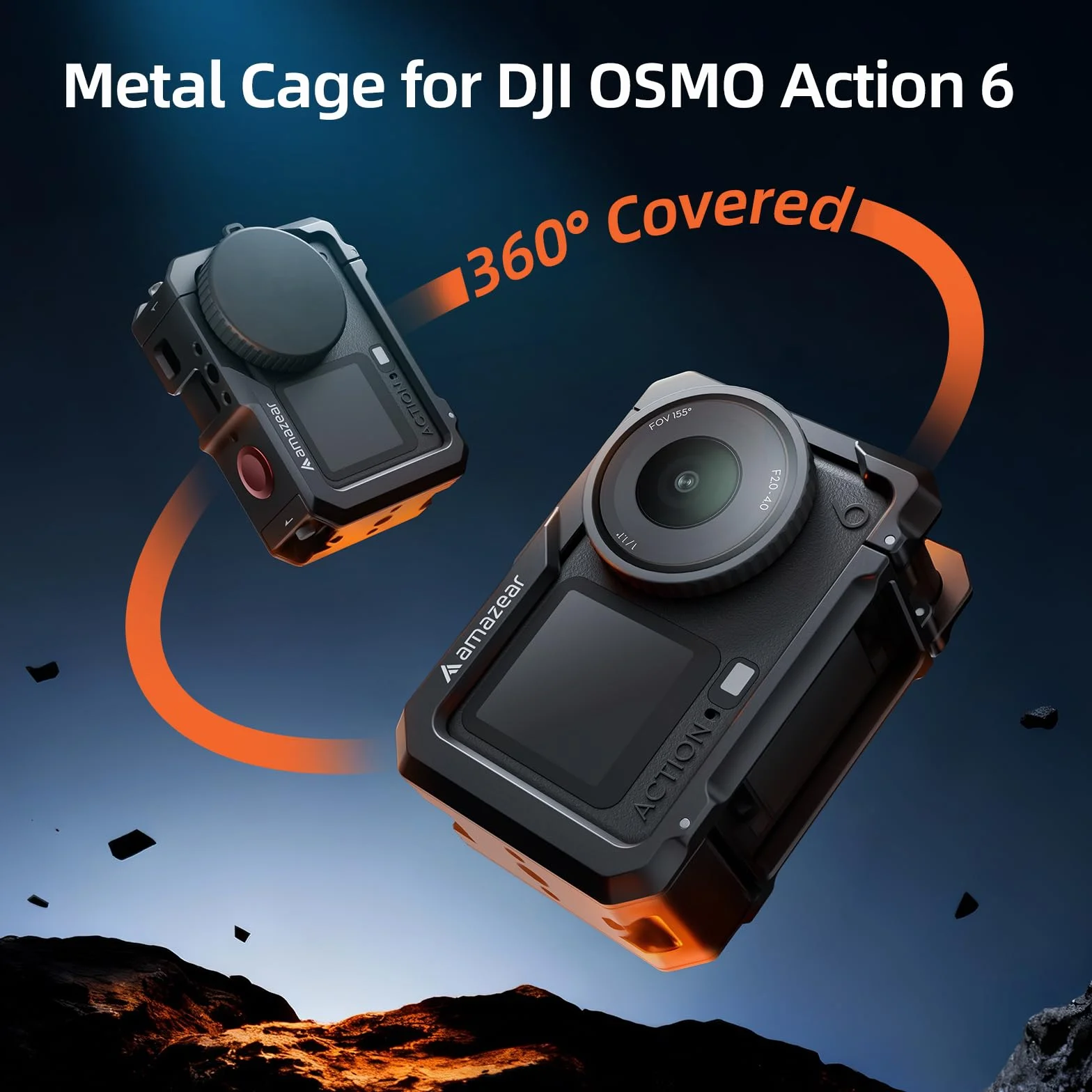 AMAZEAR Kamerakäfig für DJI Osmo Action 6 Zubehör, Osmo Action6 Metall cage - Action 6 Case Schutz Rahmen mit Kaltlichtschuh, 1/4" Gewinde & Objektivkappen, Protection Essential Bundle, Schwarz