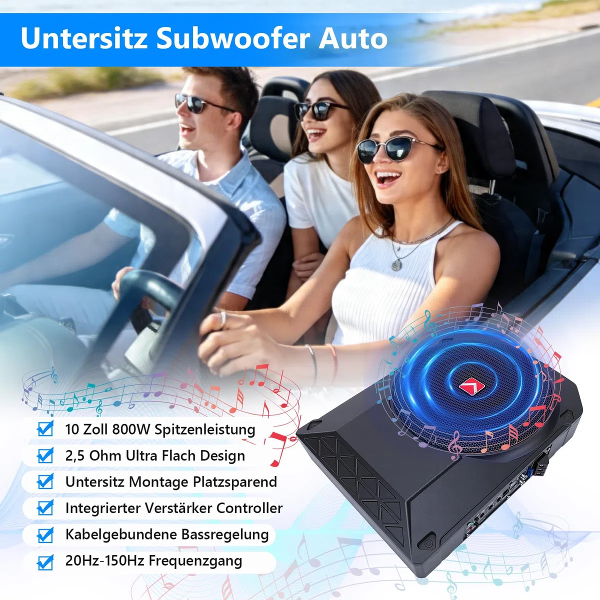 Aktiver 10 Zoll Subwoofer Ultraflach 800W 2.5 Ohm unter Sitz Fernbedienung | Aktivsubwoofer für Auto, 20-150Hz Frequenzgang, 90dB Empfindlichkeit, Aluminiumgehäuse mit Fernregler und Schutzschaltungen