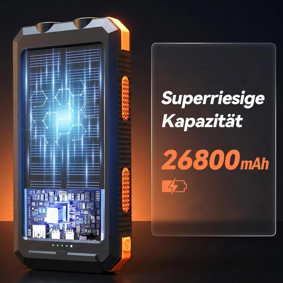 Vikeri Solar Powerbank 26800mAh, Powerbank Solar Wasserdichtes USB C Externer Akku mit 4 Outputs, Power Bank für Smartphones, Tablets und mehr (Dunkelorange)