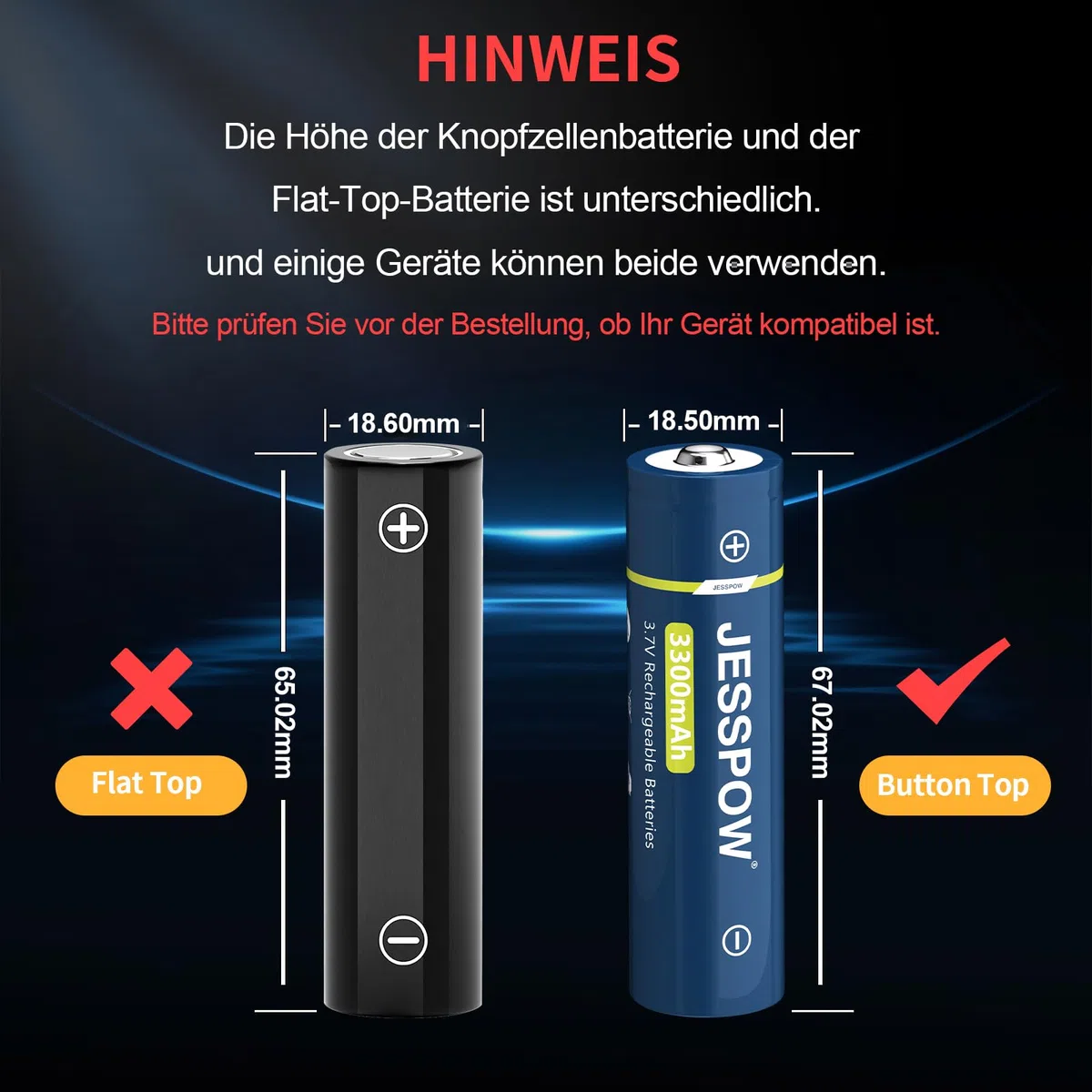 6 Stück 3,7 Volt Wiederaufladbare Akku Button Top, 3300mAh Batterie für LED-Stirnlampen, Taschenlampen, Kleinen Lüfter (18 x 67mm, Nicht-AA)