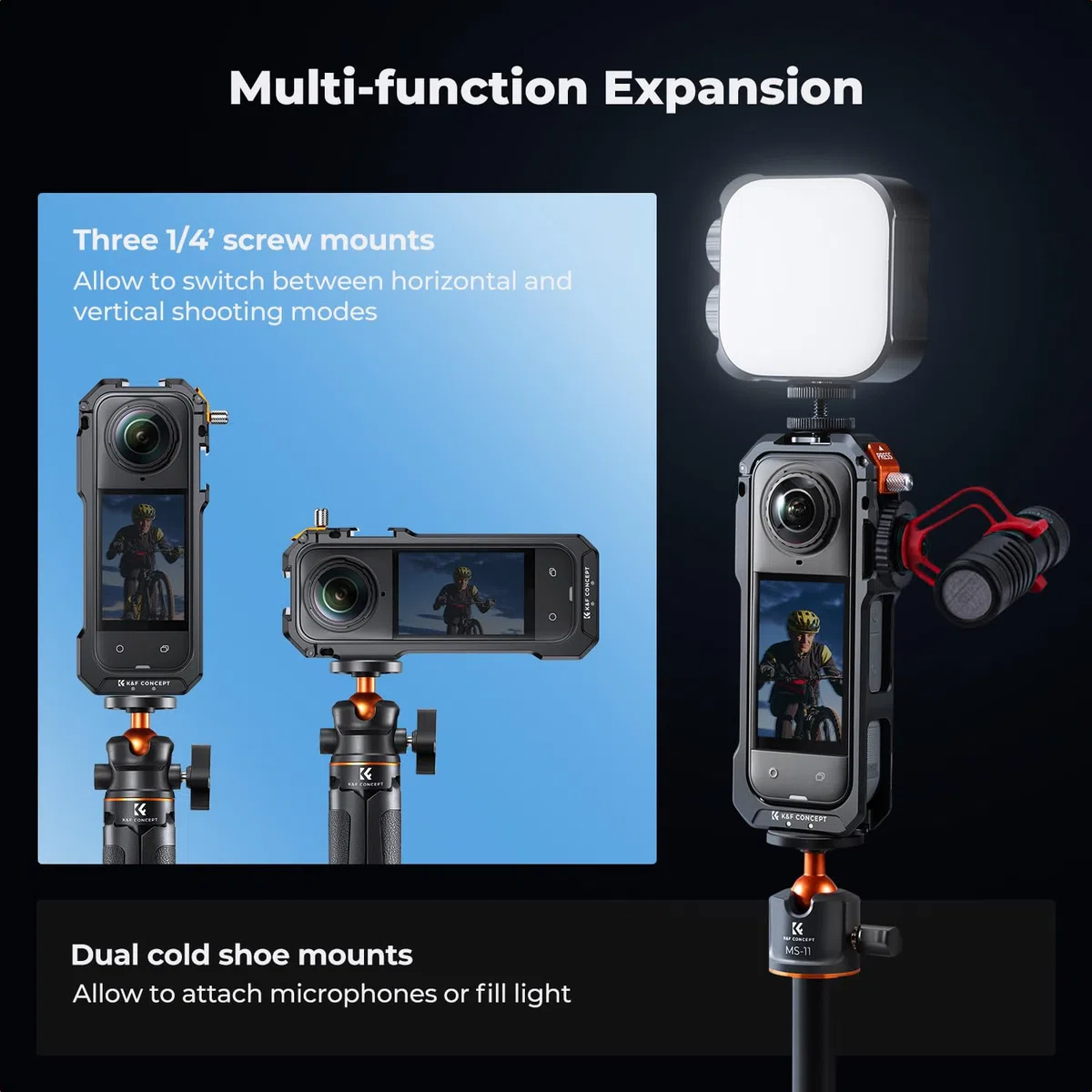 K&F CONCEPT Käfig Kamerakäfig für Insta360 X5, Aluminiumlegierung Schutzgehäuse mit Silikon Objektivabdeckung, Rahmen mit 2 Cold Shoe Halterungen für Mikrofon und Led, Built-in 1/4" Schraubenloch