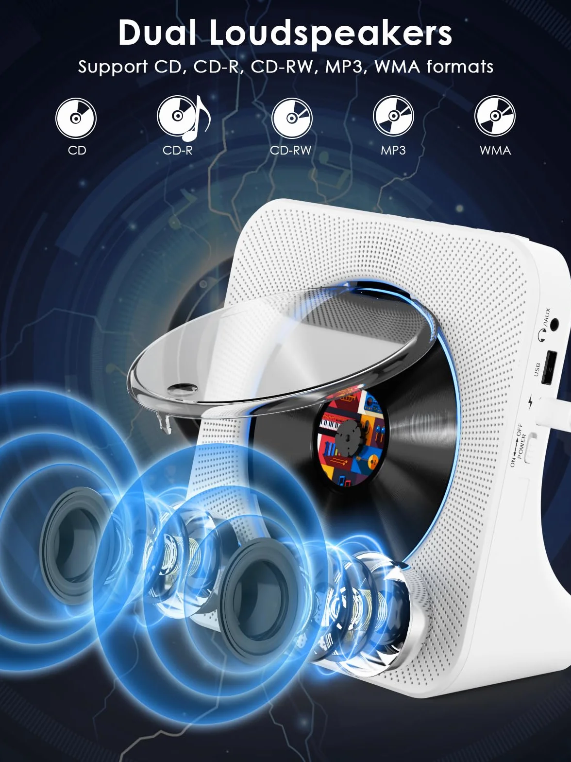Gueray CD Player Bluetooth CD-Player mit Lautsprecher Unterstützt Fernbedienung Anzeige FM Radio mit CD Players USB- Kartenwiedergabe 3,5 mm AUX Wecker Kopfhöreranschluss Staubschutzhülle