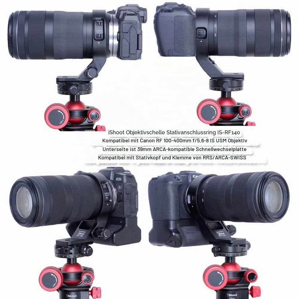 iShoot Stativhalterung, Ringlinsenhalsband, kompatibel mit Canon RF 100–400 mm f/5.6–8 is USM, Objektivhalterung, Unterseite ist Arca-Swiss Fit Schnellwechselplatte Schwalbenschwanznut