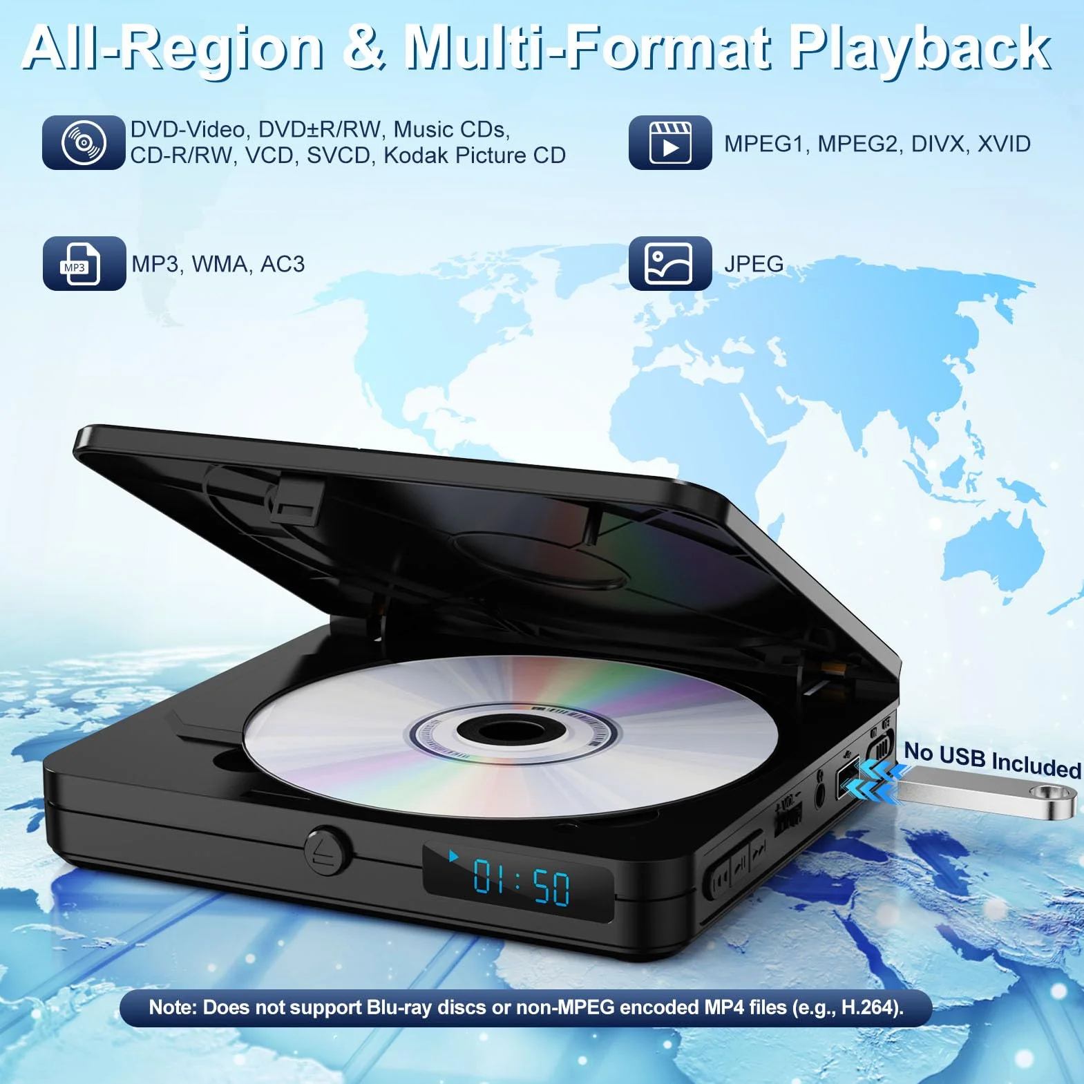 Mini-DVD-Player mit Fernbedienung – für alle Regionen frei 1080P HD kleiner kompakter CD-DVD-Player für Smart-TV und Projektor, mit HDMI-Ausgang, Kopfhöreranschluss, USB 2.0-Eingang, PAL