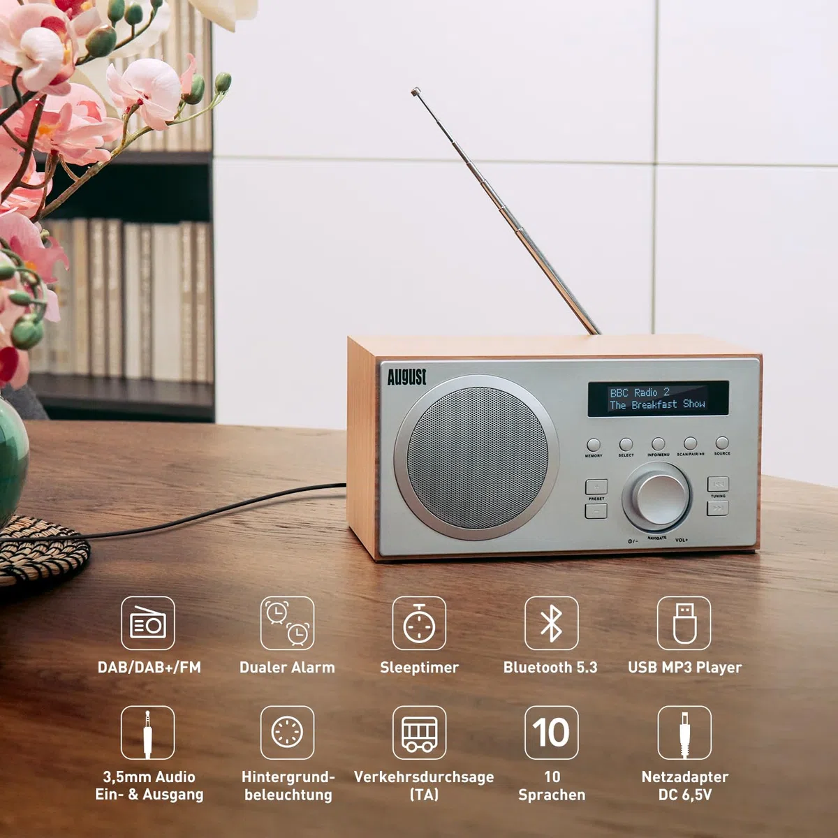 August MB420 DAB+/FM Radio mit Bluetooth digitales Küchenradio mit Holzgehäuse mit RDS-Funktion 60 Presets Hifi Lautsprecher 5W - Radiowecker mit Sleeptimer Alarm Snooze - USB/Aux-In/Aux-Out