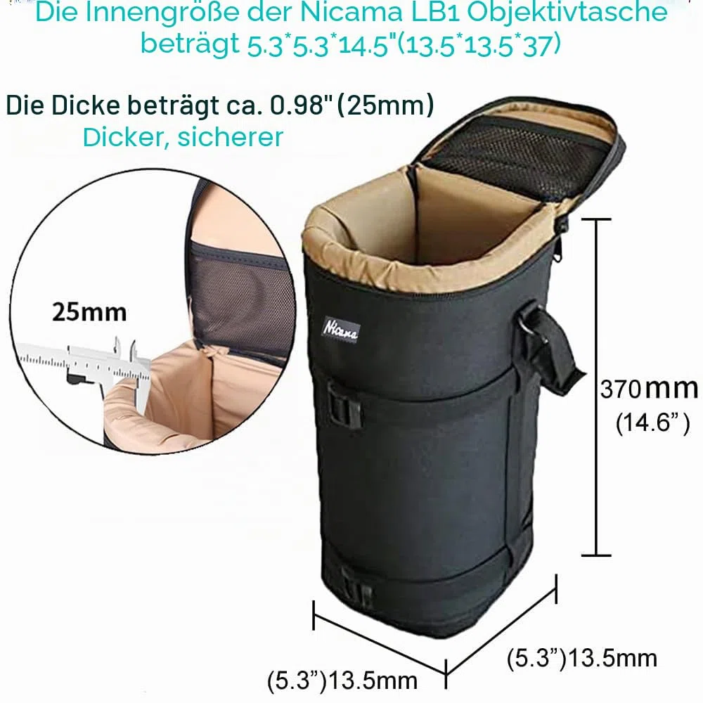 Nicama LB1 Deluxe Objektivtasche mit 1 x Umhängeband, Wasserabweisend für Canon RF 800 mm/Tamron SP 150-600 mm/Sigma 150-600 mm / 150-500 mm/Nikon Nikkor AF-S 200-500 mm
