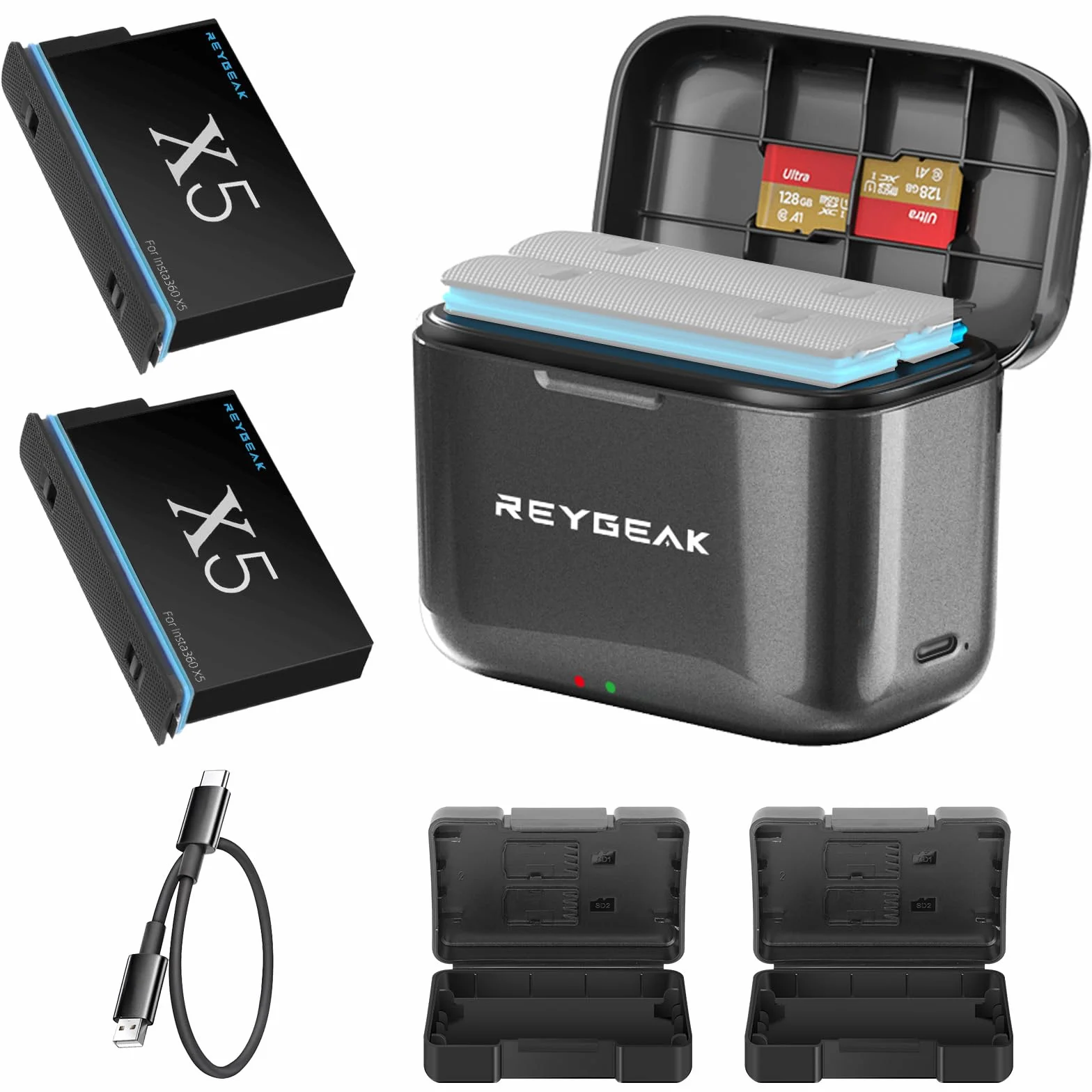 REYGEAK Wiederaufladbarer Lithium-Akku für Insta-360 X5, 2 x 2800 mAh Hochleistungs-Akkus mit Ladegerät für insta-360 X5 (Ladegerät + 2 Akkus)
