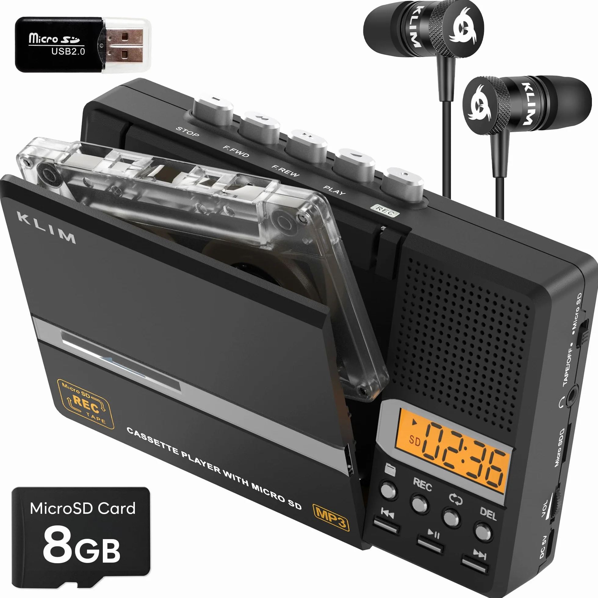 KLIM K10 Tragbare Kassettenspieler & Kassettenrecorder, Cassette Player & Kassette zu MP3 Konverter + Eingebautes Mikrofon & Lautsprecher + USB PC Transfer + Batterien/USB + 8GB SD Karte + Kopfhörer