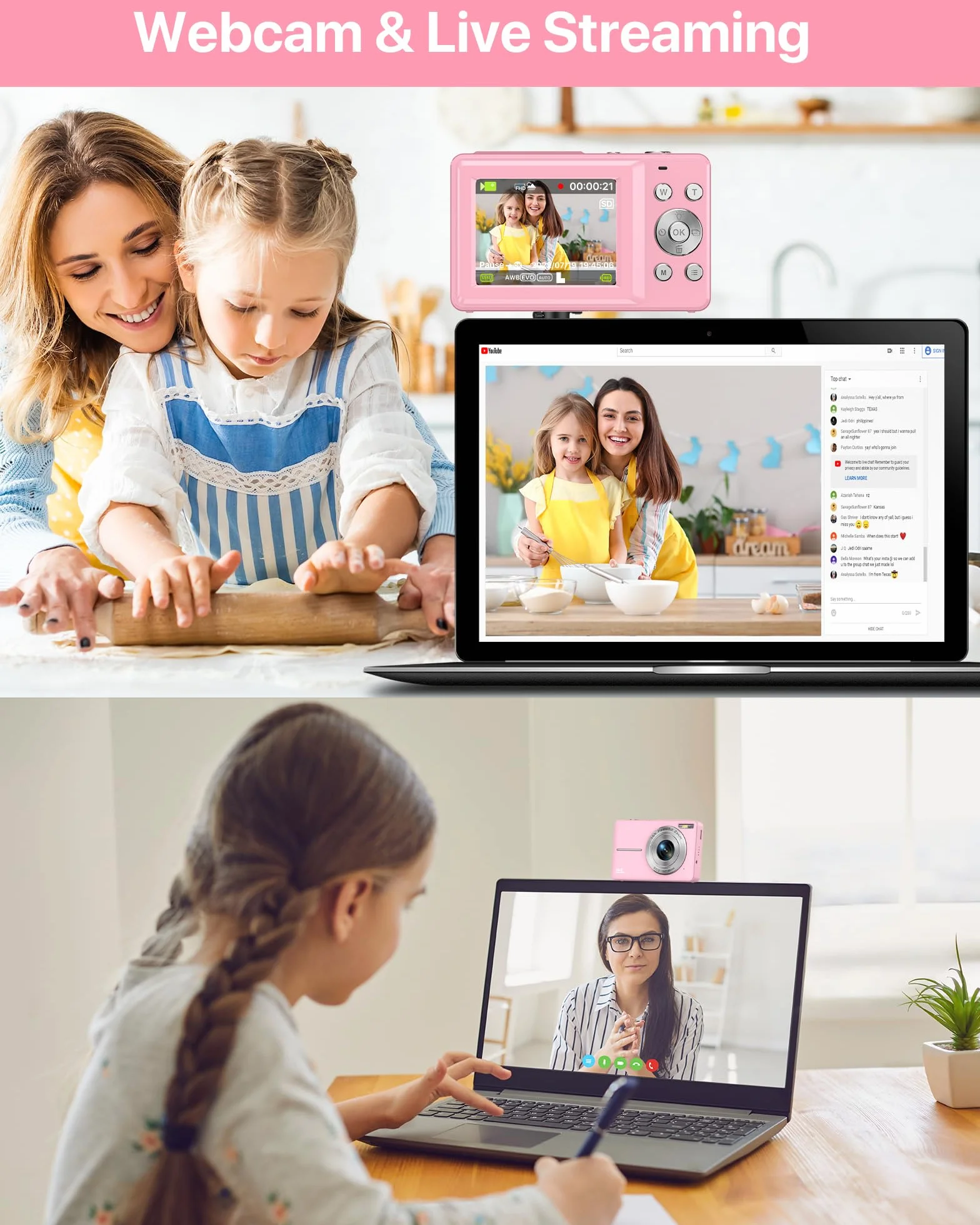 Digitalkamera 1080P Fotokamera 44MP Kamera Fotoapparat Tragbare Kompaktkamera mit 2,4" LCD Bildschirm, 16X Digitalzoom, 32G Micro Speicherkarte, 1 Akku für Kinder Teenager Student Anfänger-Rosa