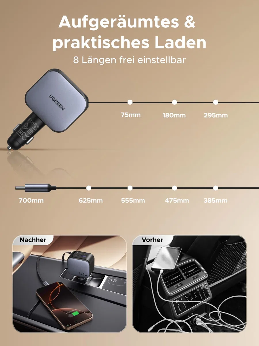 UGREEN Nexode 145W Zigarettenanzünder, 100W USB C Schnellladen, Typ-C Auto Ladegerät, integriertes einziehbares Kabel 60W, 4 in 1 Auto zubehör, kfz 12v-24V für iPhone 17/MacBook/iPad/Galaxy S25/GPS