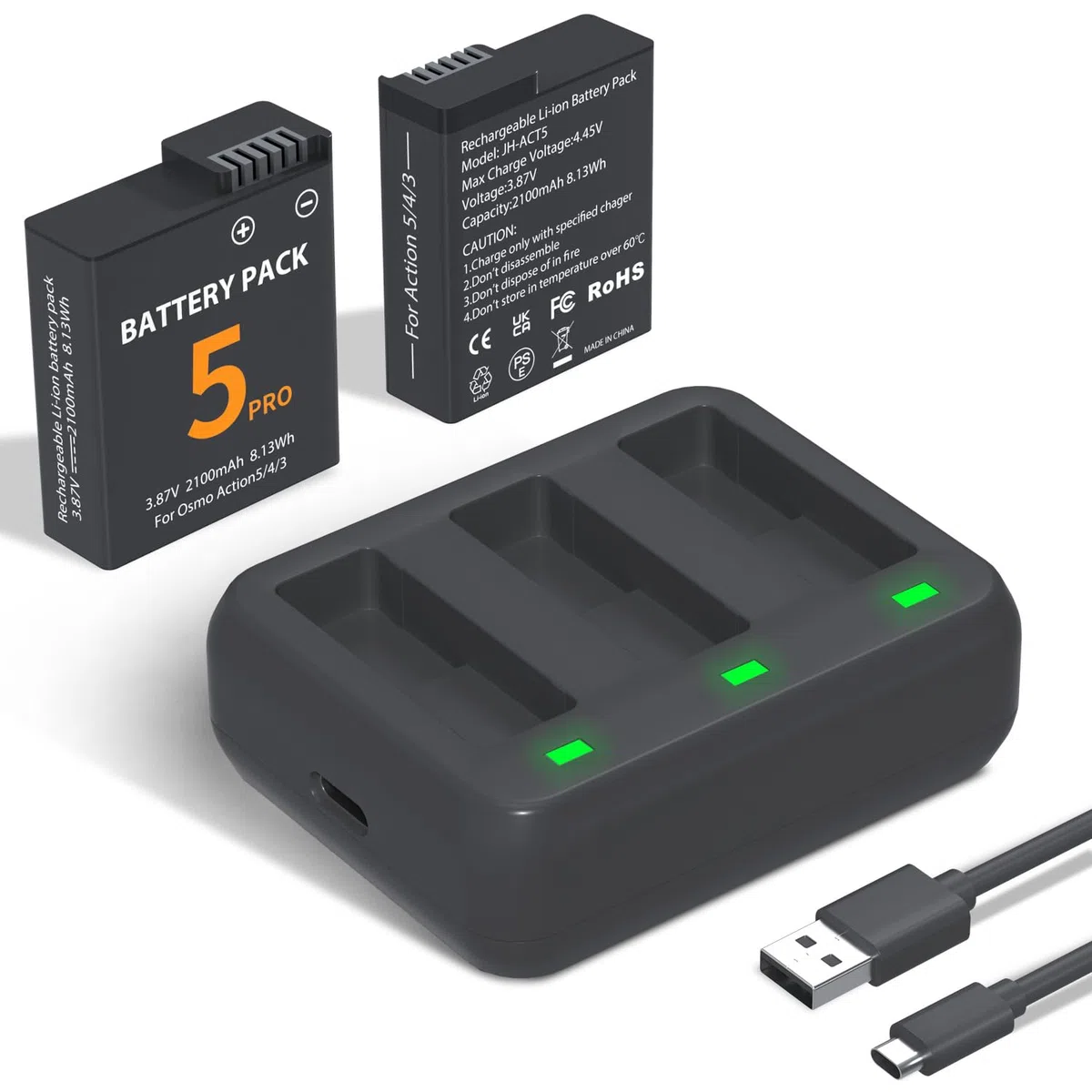 LP Osmo Action 5 Pro Akku-Pack (2er-Pack) mit 3-Fach-Ladegerät, 2100-mAh-Akku,OSMO Action 6 Akku-Ladegerät kompatibel mit DJI Osmo 360/Action 6Action 5 Pro/Action 4/Action 3 Kamera