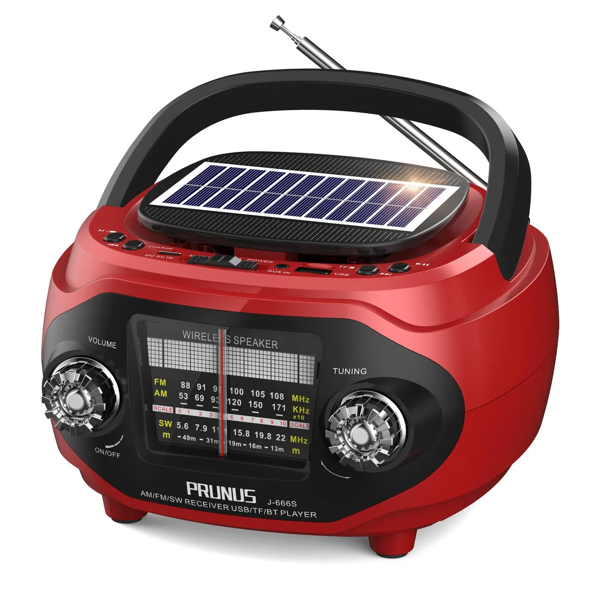 PRUNUS J-666 FM/AM/SW Retro Radio mit Bluetooth, Tragbares Radio mit 1800mAh Akku, Solar/USB-C Aufladbar, Küchenradio mit 15W-Lautsprecher, Satter Bass & Stereo-Sound, USB/TF/AUX Spielen.