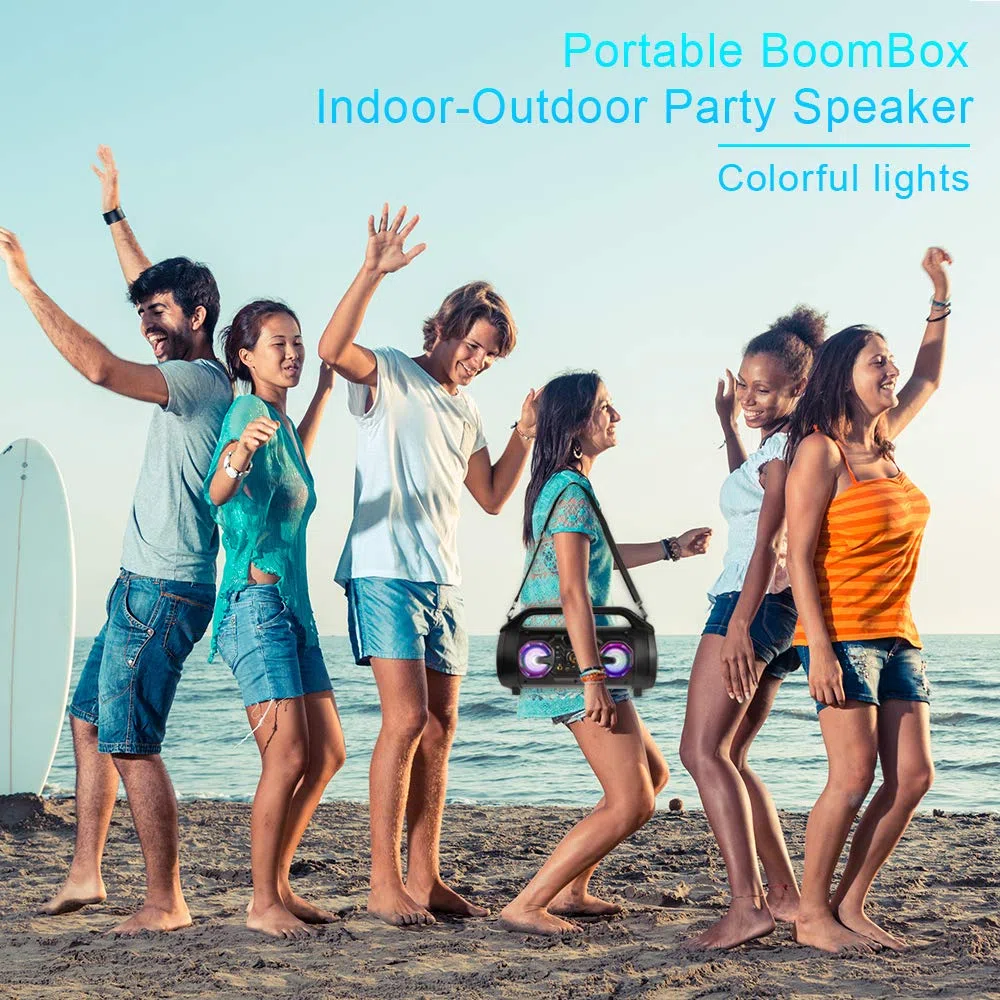 TENMIYA Bluetooth Lautsprecher, 30W Musikbox Bluetooth mit Subwoofer, FM Radio, RGB Licht. 10h Akku Outdoor Boombox für Party