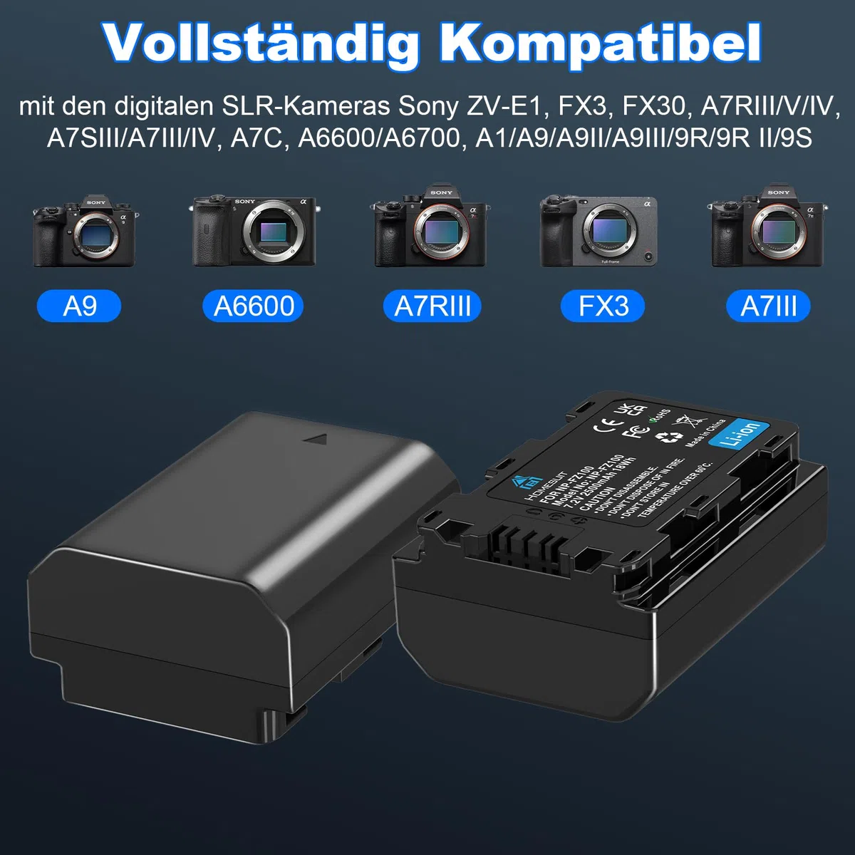 Homesuit NP-FZ100 Akku 2500mAh & 20W Schnellladegerät mit Zwei Kanälen für Sony ZV-E1 FX3 FX30 A7RIII A7RV A7RIV A7SIII A7III A7IV A7C A6600 A6700 Alpha A1 A9 A9II A9III 9R A9R 9S Kamera (2er-Pack)