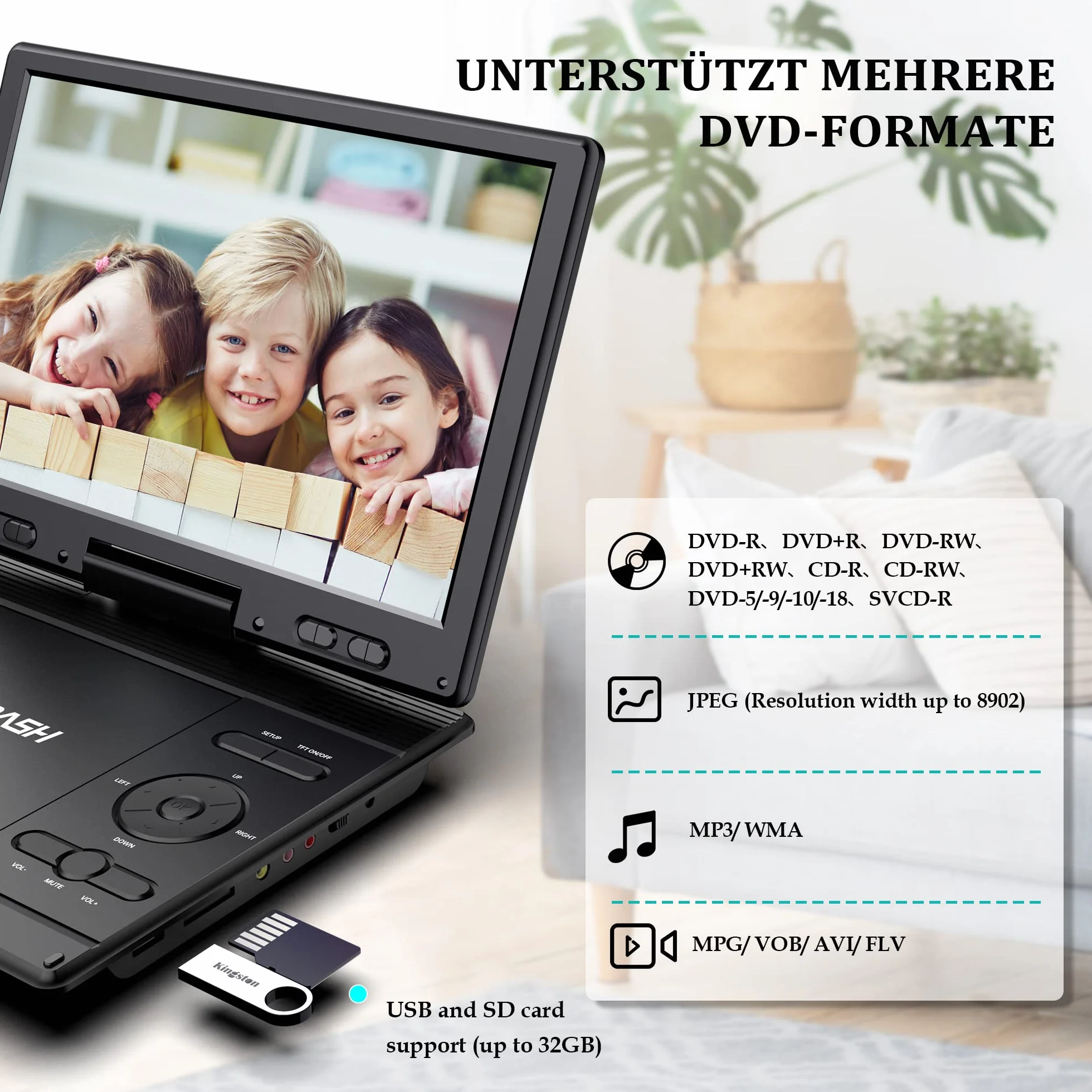 Tragbarer 14,9-Zoll-DVD-Player fürs Auto, für Kinder mit schwenkbarem 12,5-Zoll-HD-Bildschirm & Auto-Kopfstützenhalterung, DVD-/CD-Player, für Sync-TV-Projektor, USB/SDAnschluss