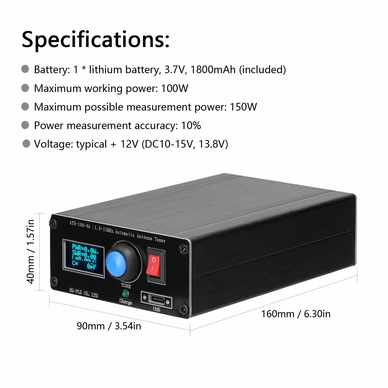 Irfora ATU-100-0A 1,8-55 Mini automatischer Antennentuner 0,91 Zoll OLED Display Aluminiumlegierung Außengehäuse mit 1500mAh Akku