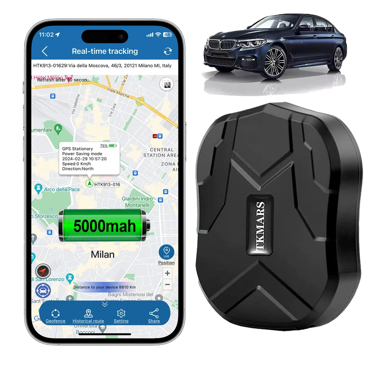 TKMARS GPS Tracker Ohne ABO Auto GPS Tracker mit Kostenloser App, Kein Abonnement Erforderlich, 90 Tage über Standby-Zeit, Starke Magnetische Wasserdicht. 5000mah