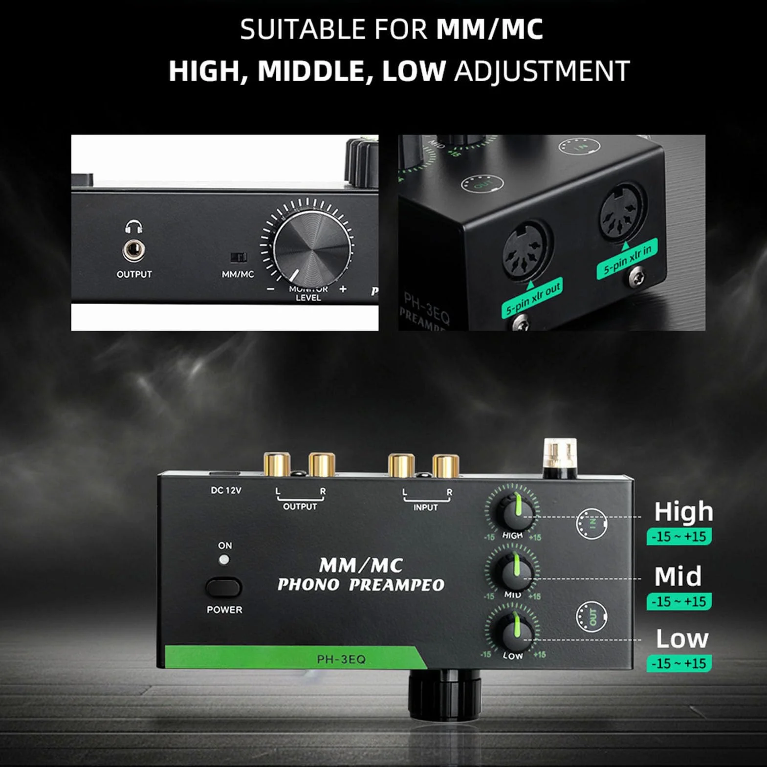 Fafeicy Professioneller MM MC Phono Preamp mit Einstellbarem EQ 5 Pin XLR -Eingangsausgang für Platten -Player -Stereo -Phonographen -Vorverstärker Vorverstärker (EU-Stecker)
